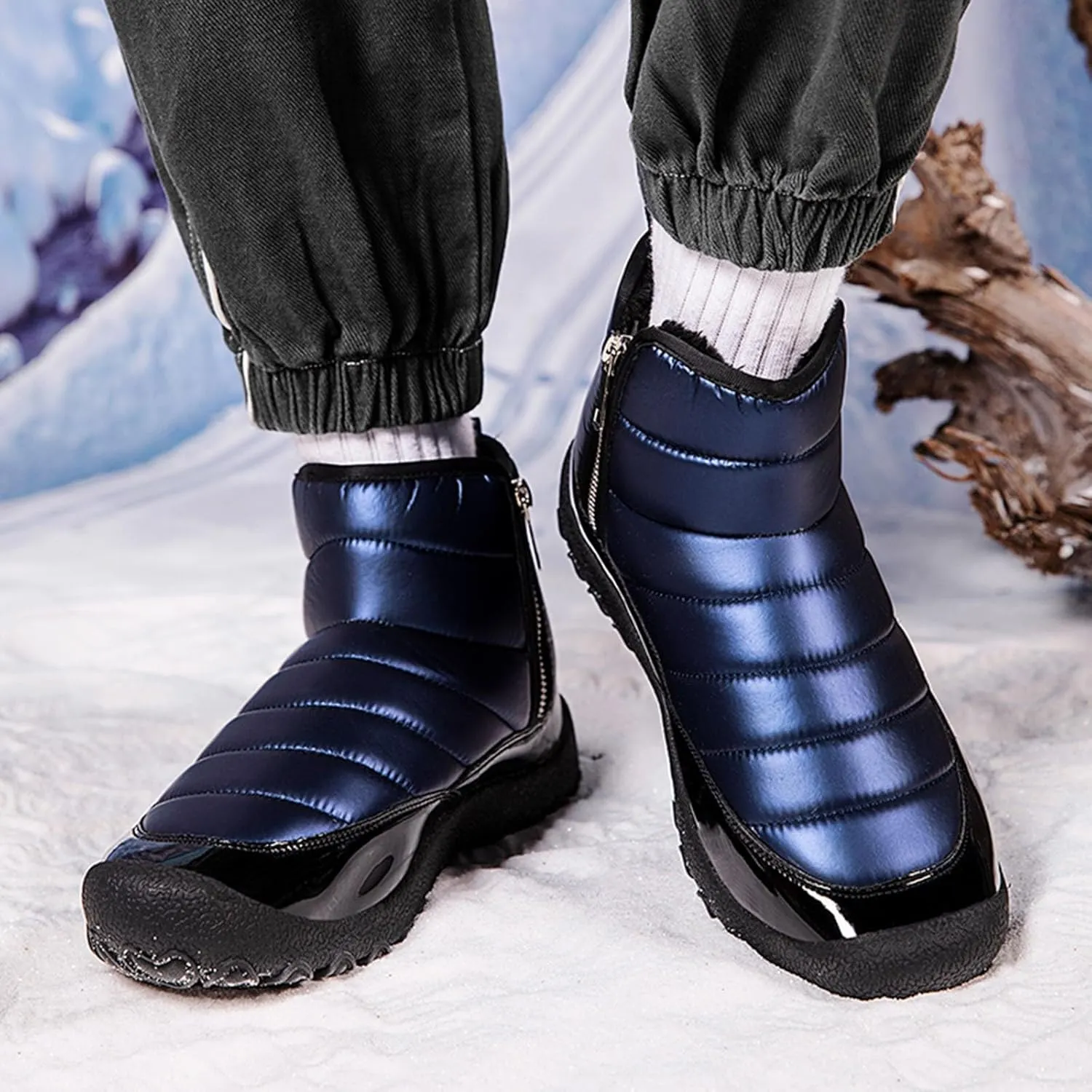 Water Proof Insulated Snow Boots for Men Fashion Leather Ankle Boots Fleece Lined Warm Zipper Snow Boots