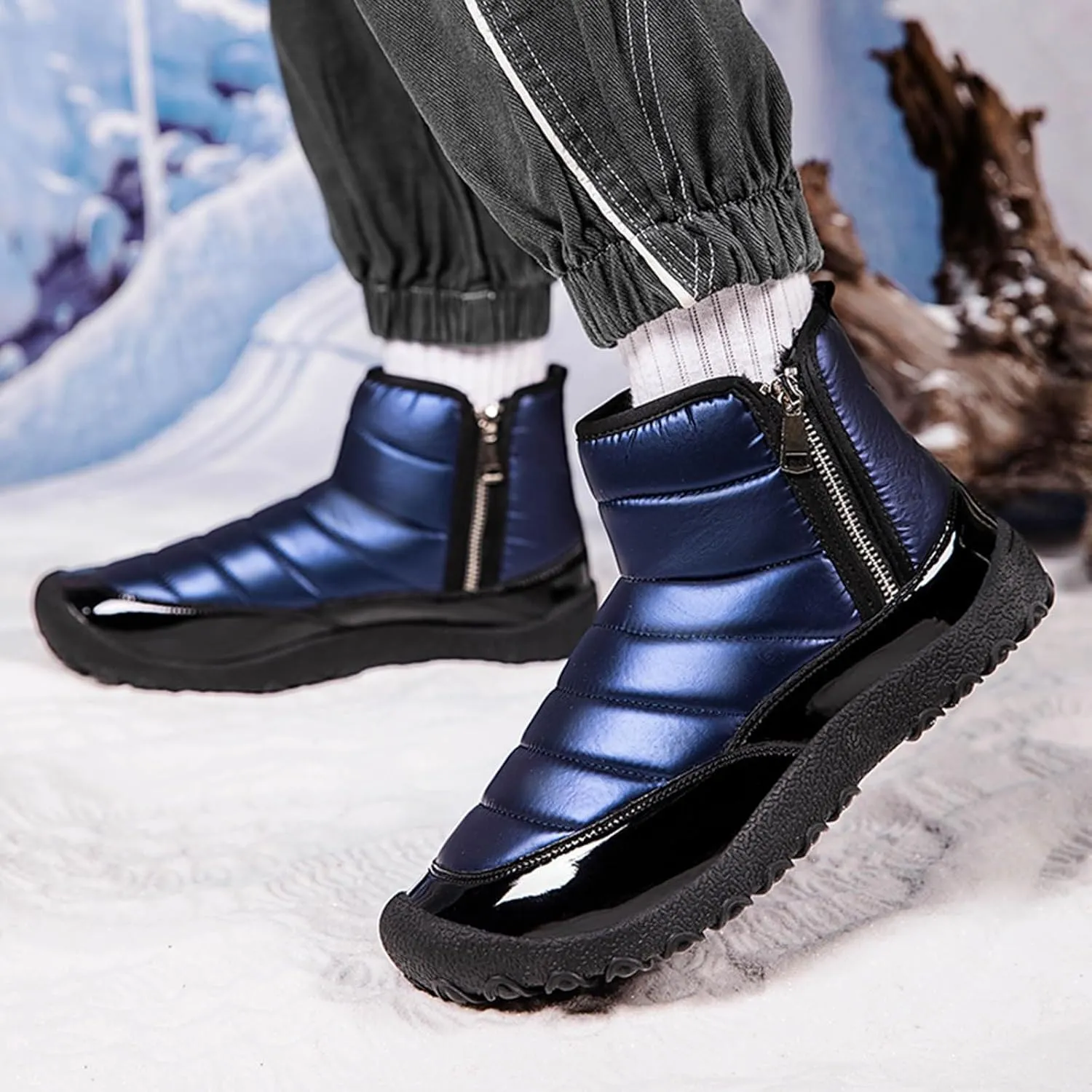 Water Proof Insulated Snow Boots for Men Fashion Leather Ankle Boots Fleece Lined Warm Zipper Snow Boots