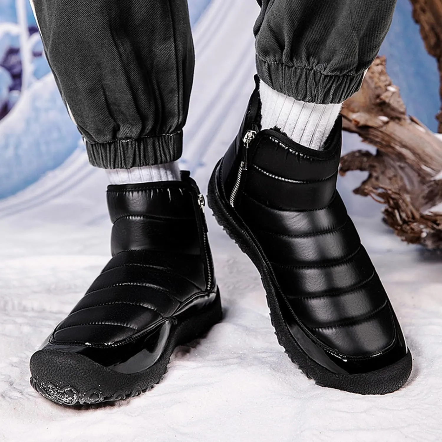Water Proof Insulated Snow Boots for Men Fashion Leather Ankle Boots Fleece Lined Warm Zipper Snow Boots