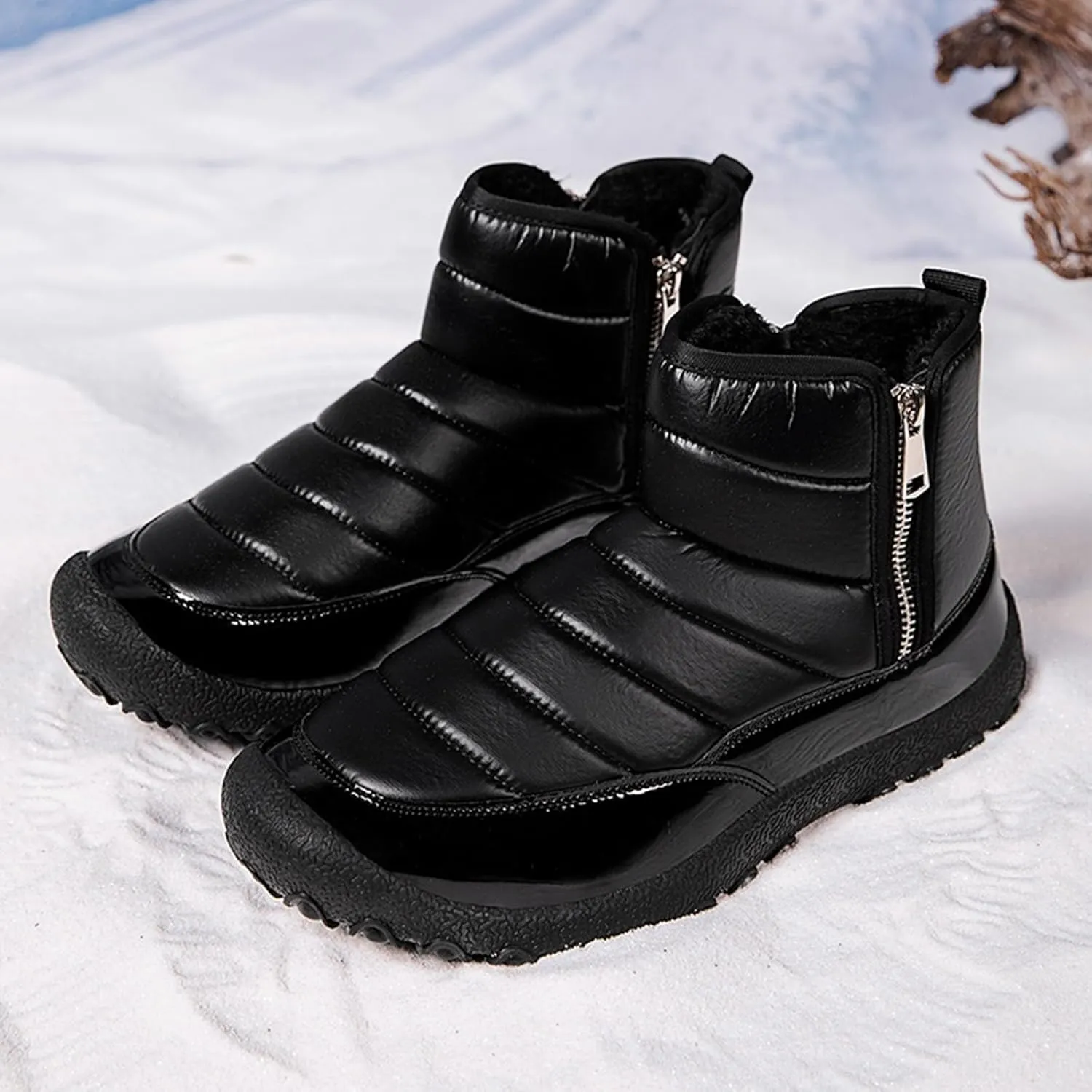 Water Proof Insulated Snow Boots for Men Fashion Leather Ankle Boots Fleece Lined Warm Zipper Snow Boots