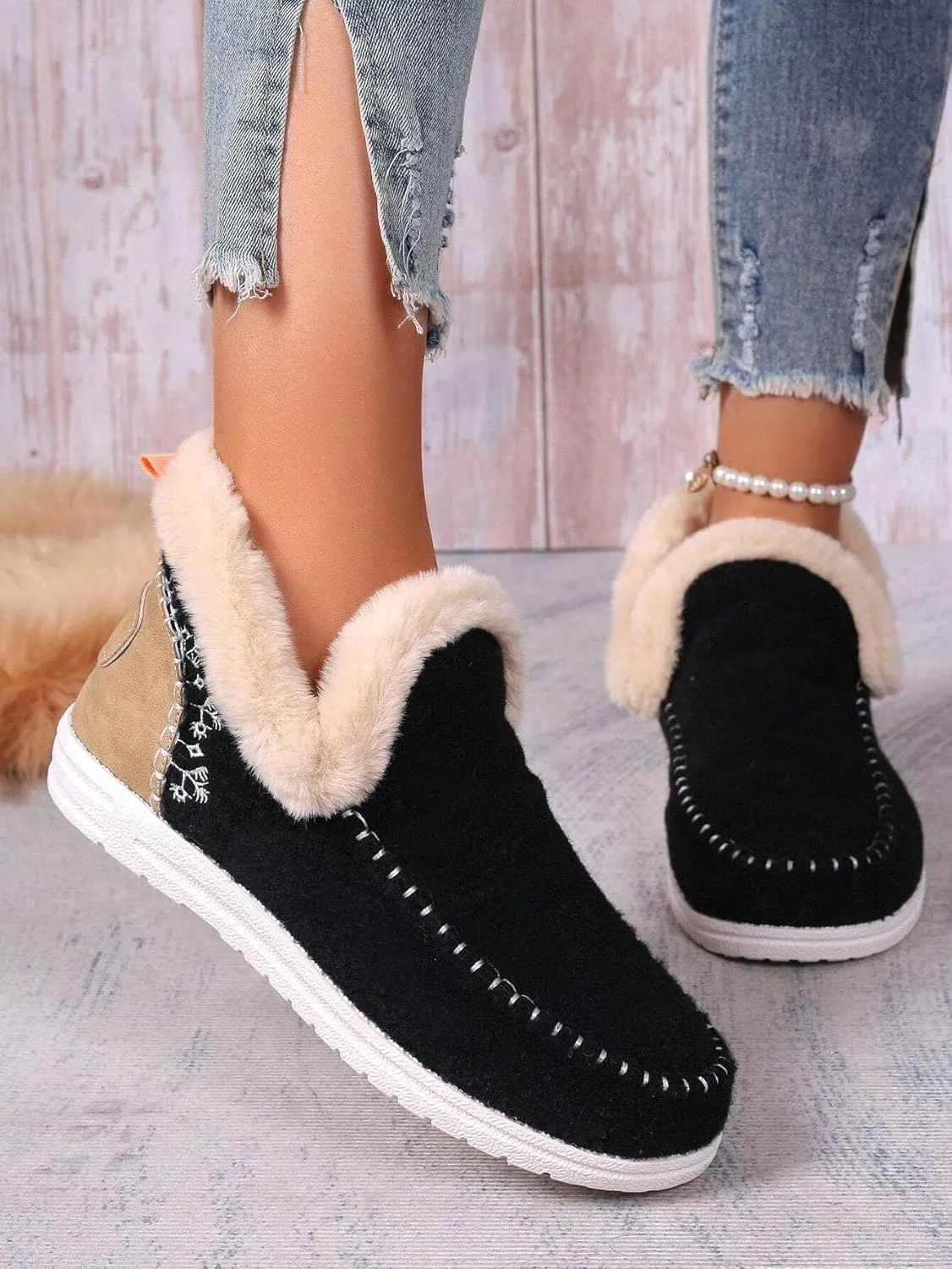 Women Memory Foam Bootie Slippers, Warm Cozy Micro Suede Slipper Boots with Fuzzy Plush Lining Collar for Indoor and Outdoor