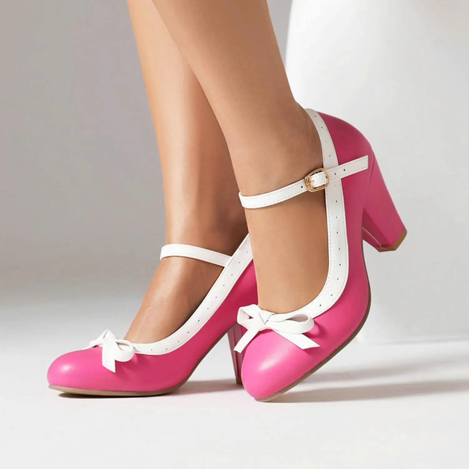 Women Round Toe Mary Jane Pumps High Chunky Heel Two Tone Comfort Fashion Bow Dressy Lolita Shoes
