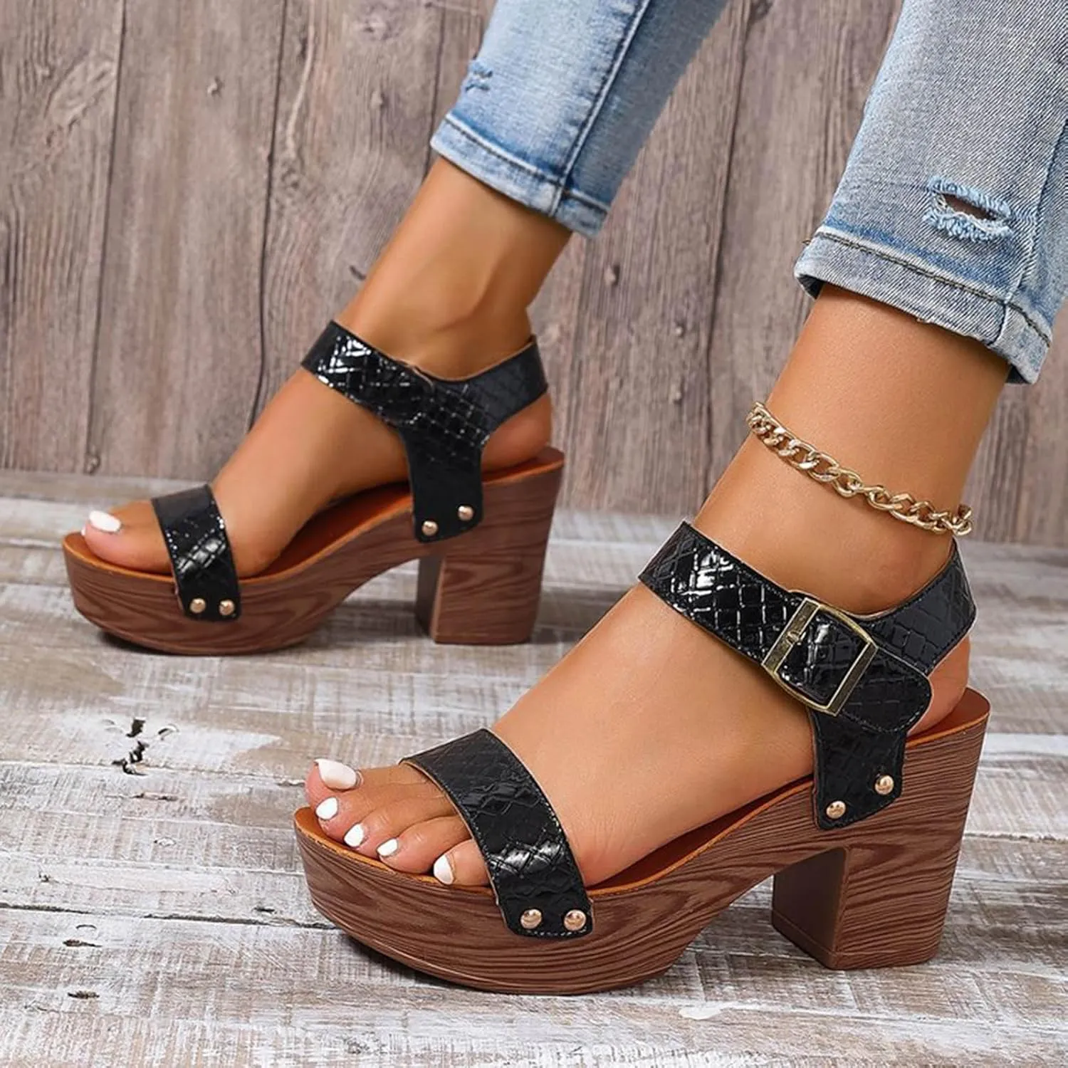 Women Summer Solid Buckle Strap Casual Open Toe Square Heels Comfortable Beach Shoes Sandals Hiking Sandal