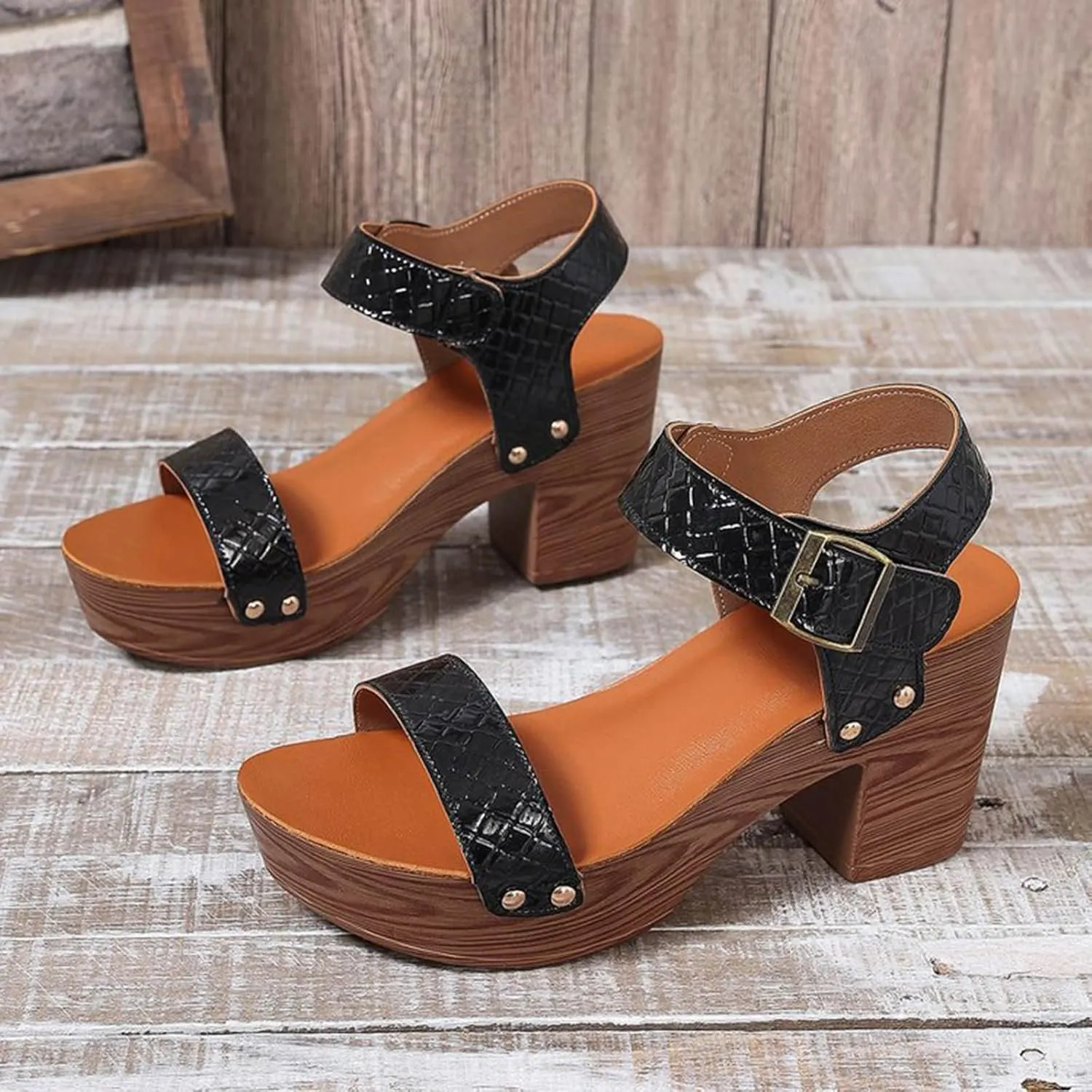 Women Summer Solid Buckle Strap Casual Open Toe Square Heels Comfortable Beach Shoes Sandals Hiking Sandal