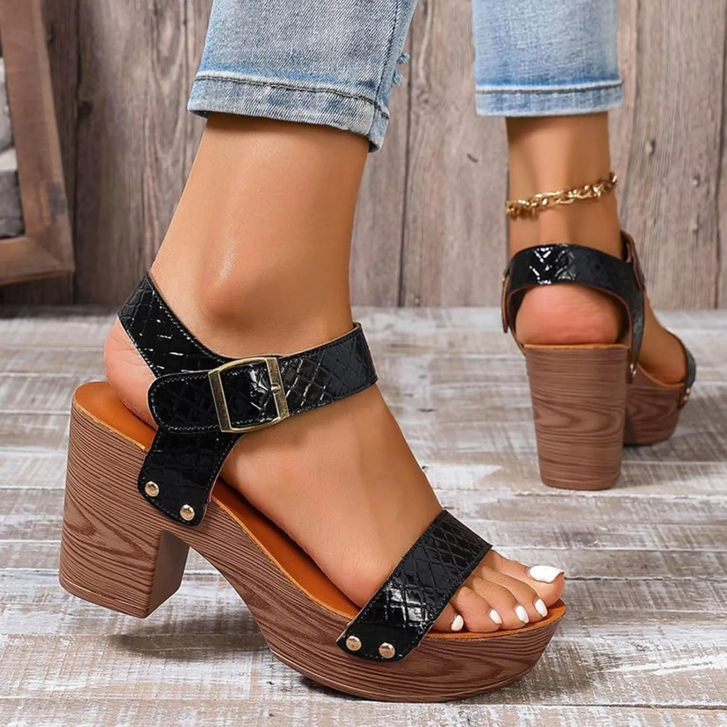 Women Summer Solid Buckle Strap Casual Open Toe Square Heels Comfortable Beach Shoes Sandals Hiking Sandal