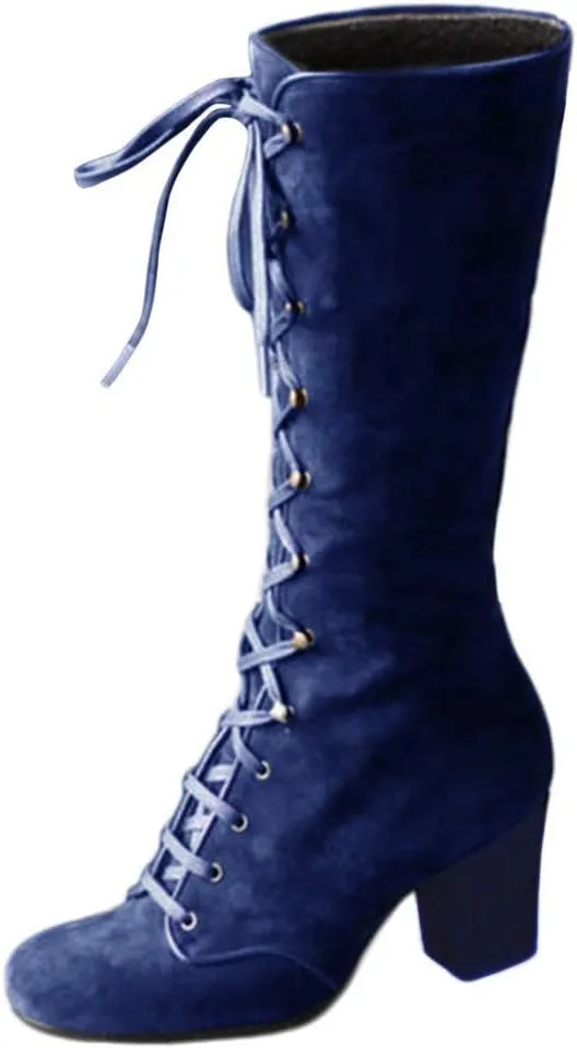 Women Vintage Victorian Gothic Mid Calf Height Boots Casual Lace up Thick High Heels Booties Winter Warm Shoes