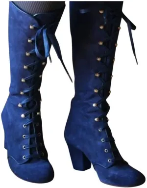Women Vintage Victorian Gothic Mid Calf Height Boots Casual Lace up Thick High Heels Booties Winter Warm Shoes