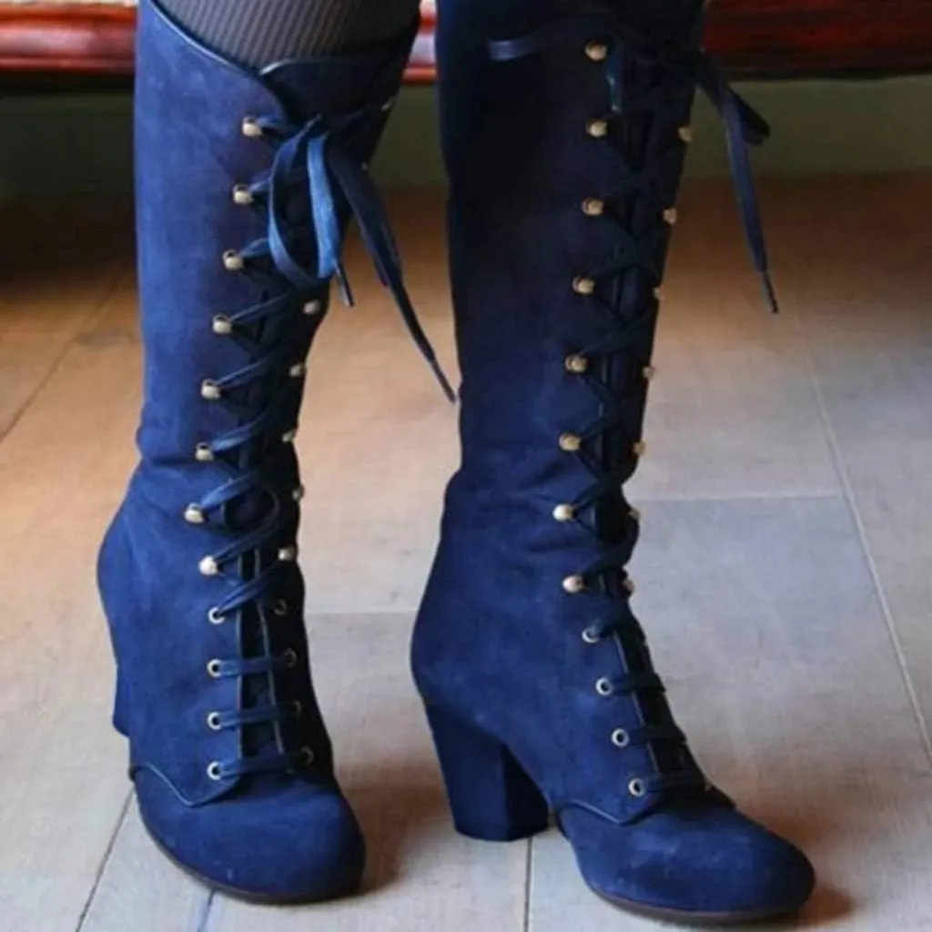 Women Vintage Victorian Gothic Mid Calf Height Boots Casual Lace up Thick High Heels Booties Winter Warm Shoes