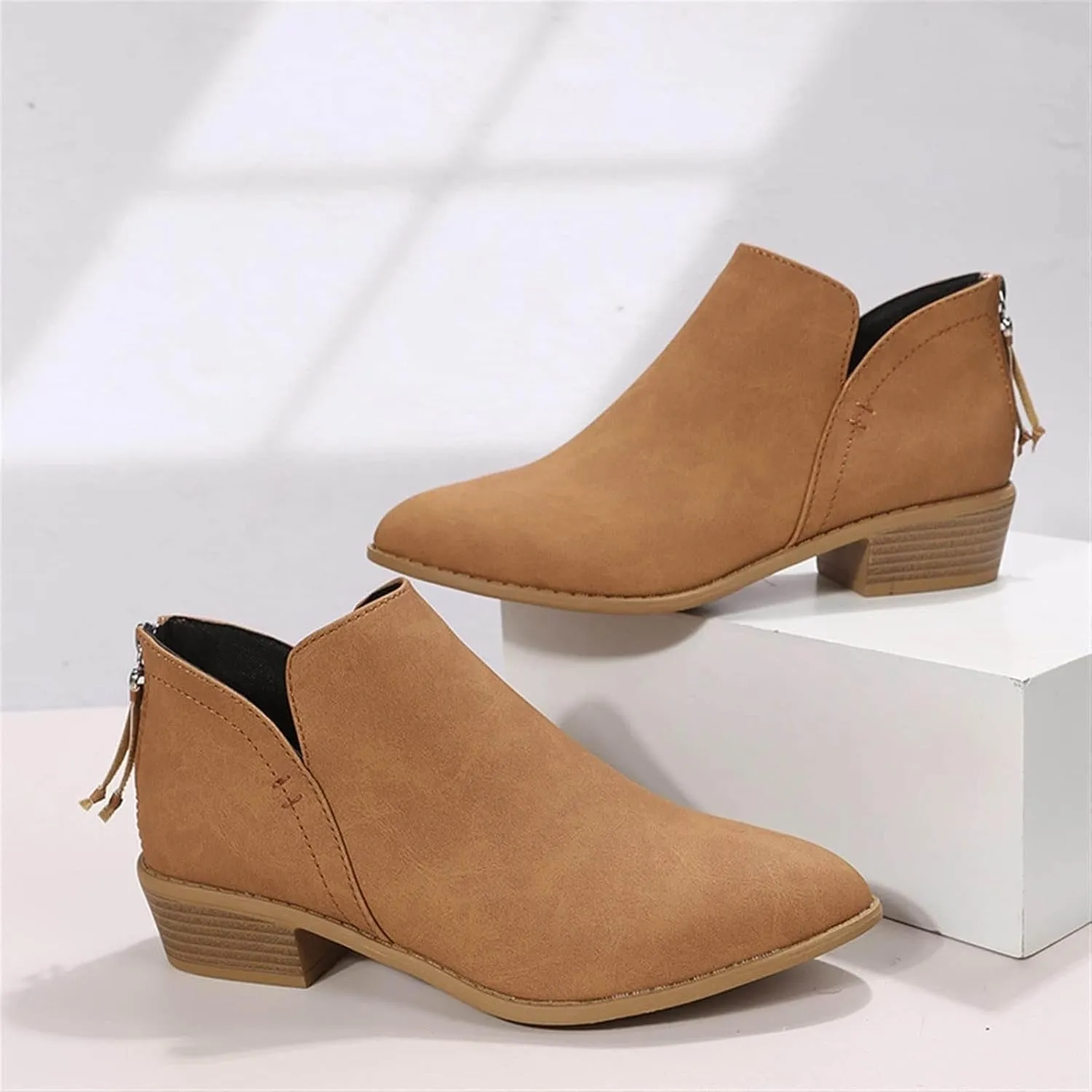 Women's Ankle Booties Fashion Round Toe V Cut Out Slip On Chunky Mid Heels Cowboy Boots Walking Shoes For Women Ladies Bohemian Beach Travel Sandals Fall Winter Shoes