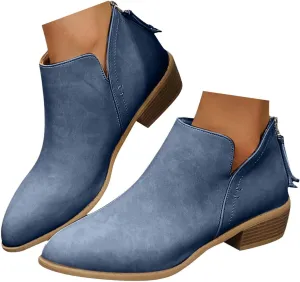Women's Ankle Booties Fashion Round Toe V Cut Out Slip On Chunky Mid Heels Cowboy Boots Walking Shoes For Women Ladies Bohemian Beach Travel Sandals Fall Winter Shoes