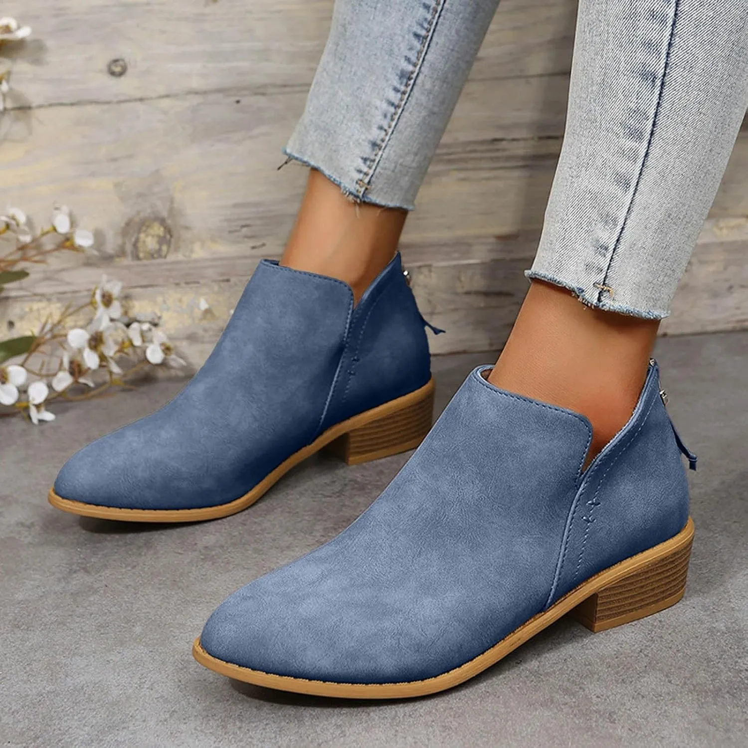 Women's Ankle Booties Fashion Round Toe V Cut Out Slip On Chunky Mid Heels Cowboy Boots Walking Shoes For Women Ladies Bohemian Beach Travel Sandals Fall Winter Shoes