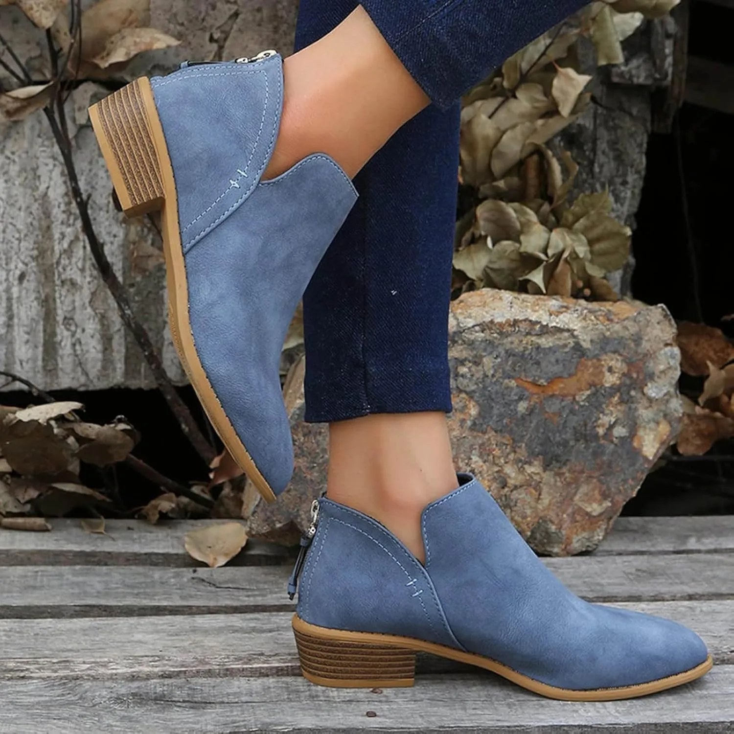 Women's Ankle Booties Fashion Round Toe V Cut Out Slip On Chunky Mid Heels Cowboy Boots Walking Shoes For Women Ladies Bohemian Beach Travel Sandals Fall Winter Shoes