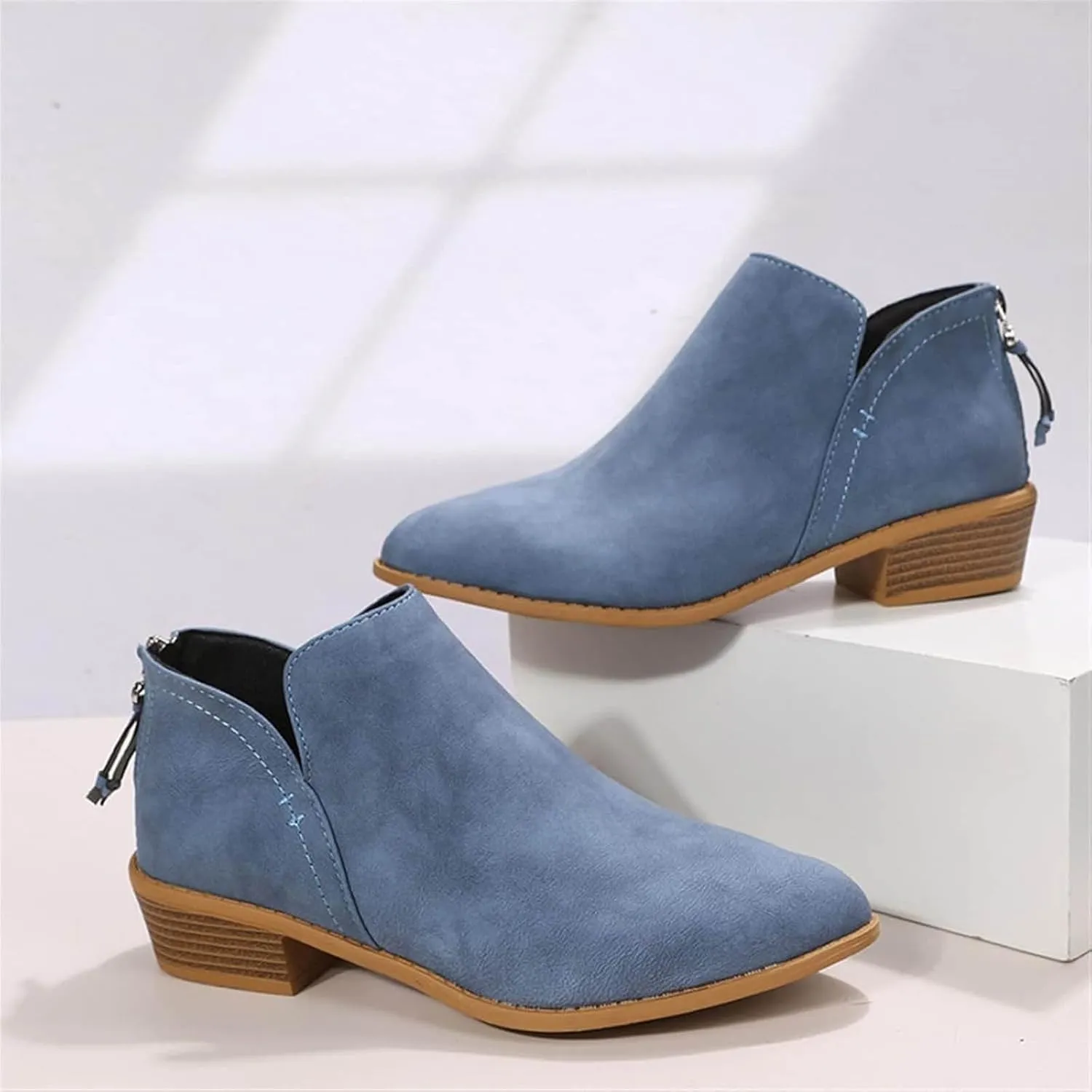Women's Ankle Booties Fashion Round Toe V Cut Out Slip On Chunky Mid Heels Cowboy Boots Walking Shoes For Women Ladies Bohemian Beach Travel Sandals Fall Winter Shoes