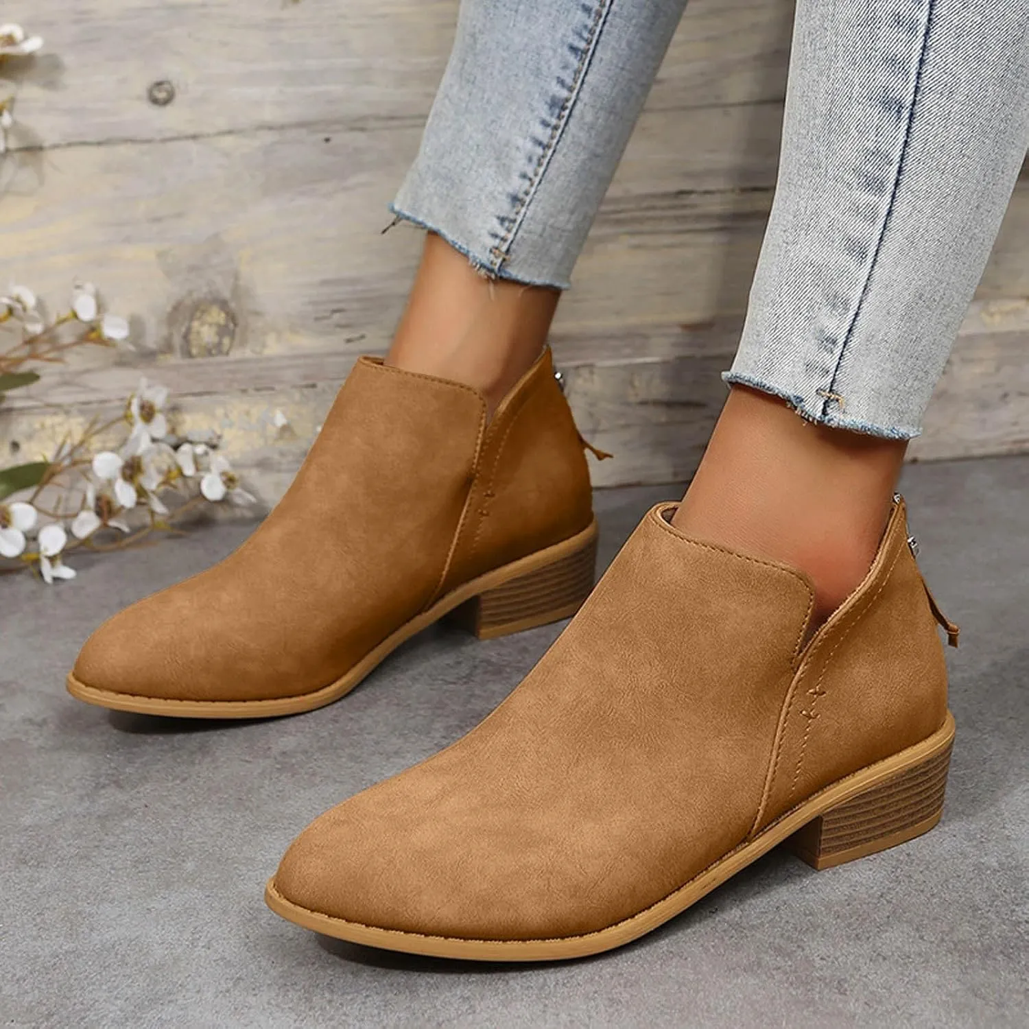 Women's Ankle Booties Fashion Round Toe V Cut Out Slip On Chunky Mid Heels Cowboy Boots Walking Shoes For Women Ladies Bohemian Beach Travel Sandals Fall Winter Shoes