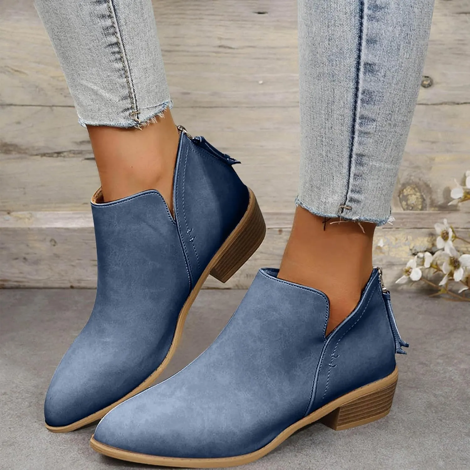 Women's Ankle Booties Fashion Round Toe V Cut Out Slip On Chunky Mid Heels Cowboy Boots Walking Shoes For Women Ladies Bohemian Beach Travel Sandals Fall Winter Shoes