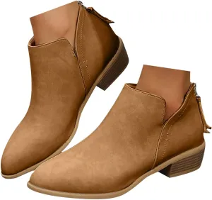 Women's Ankle Booties Fashion Round Toe V Cut Out Slip On Chunky Mid Heels Cowboy Boots Walking Shoes For Women Ladies Bohemian Beach Travel Sandals Fall Winter Shoes