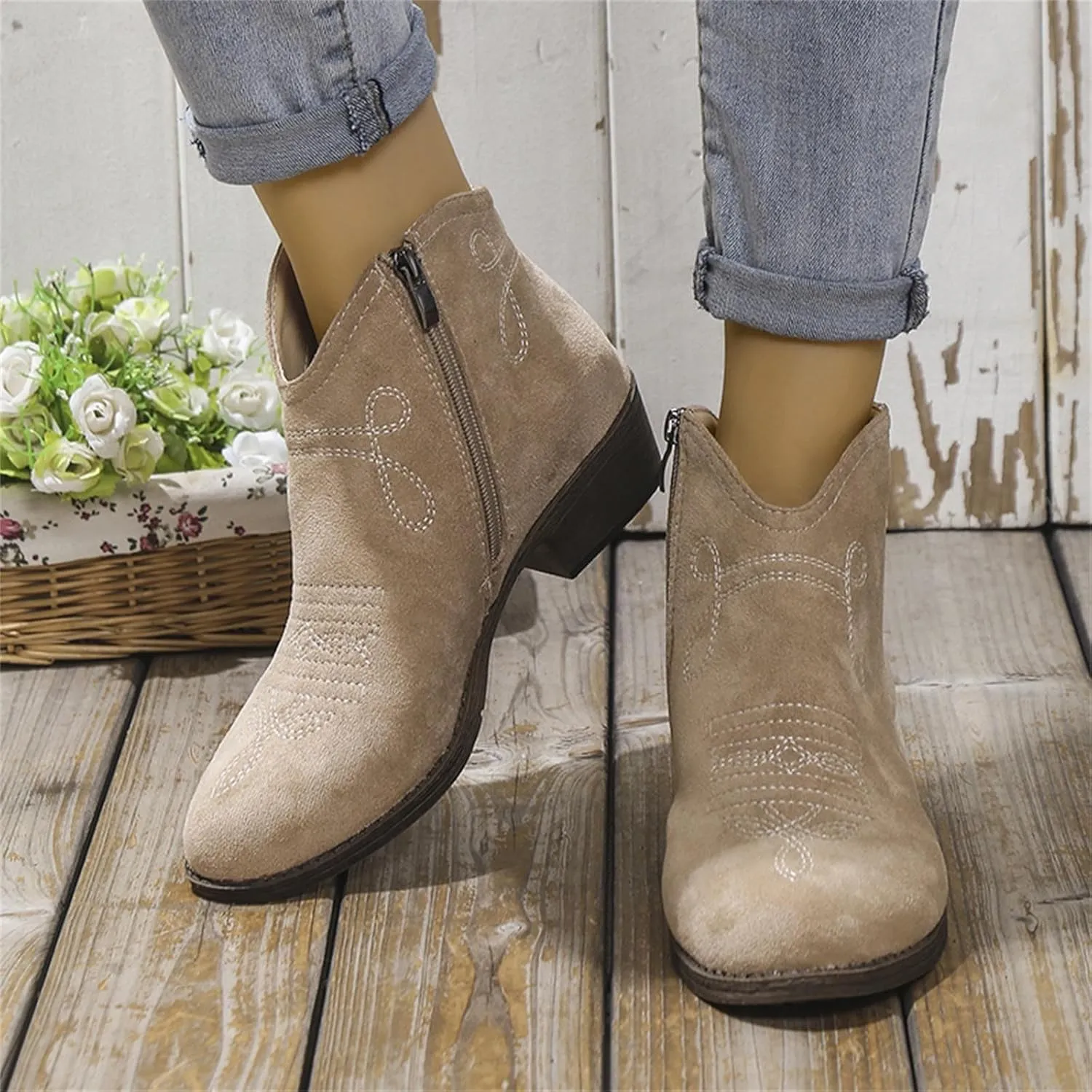 Women's Ankle Boots Low Chunky Heel Comfortable Short Fall Booties Zipper Shoes Suede Pointed Toe V Cut Chunky Mid Heels Western Cowboy Dress Short Ladies Boots