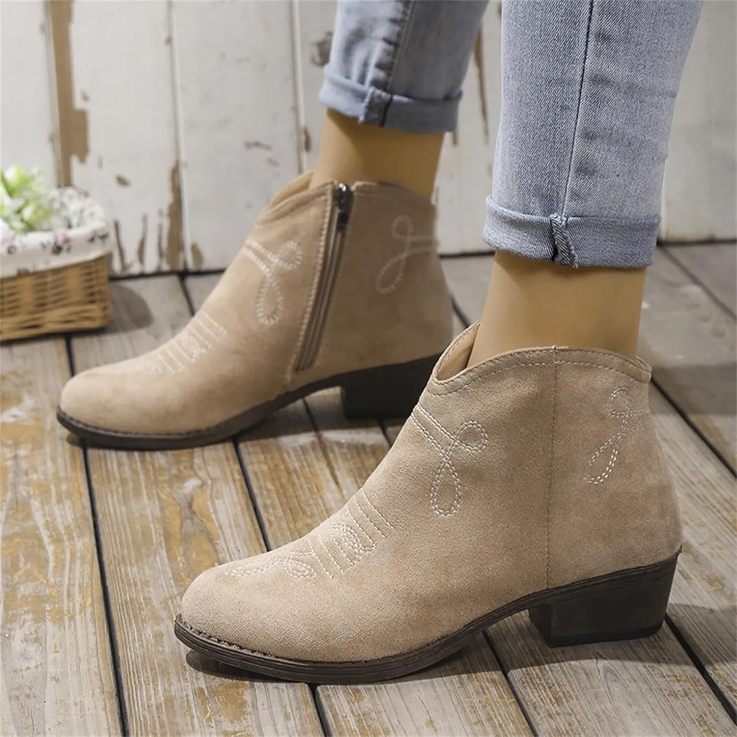 Women's Ankle Boots Low Chunky Heel Comfortable Short Fall Booties Zipper Shoes Suede Pointed Toe V Cut Chunky Mid Heels Western Cowboy Dress Short Ladies Boots