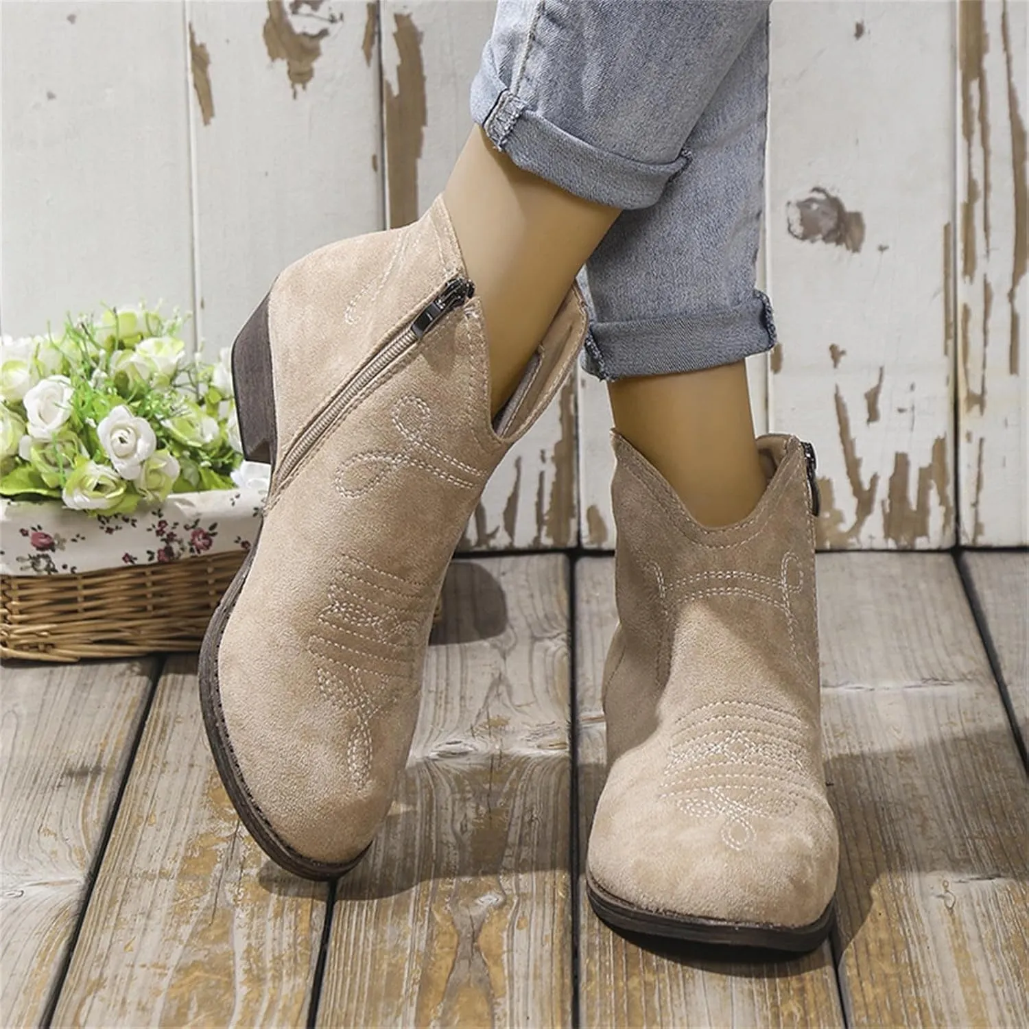 Women's Ankle Boots Low Chunky Heel Comfortable Short Fall Booties Zipper Shoes Suede Pointed Toe V Cut Chunky Mid Heels Western Cowboy Dress Short Ladies Boots