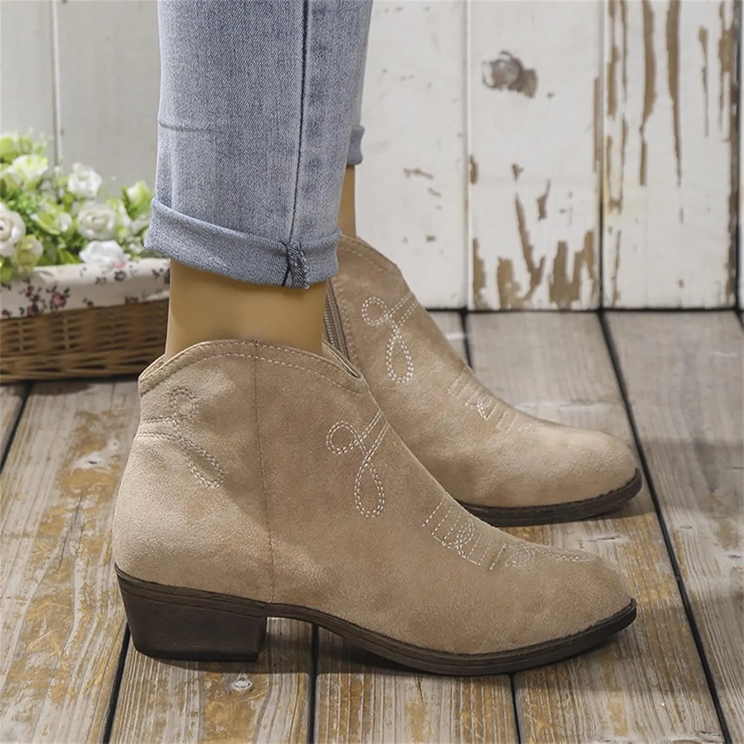 Women's Ankle Boots Low Chunky Heel Comfortable Short Fall Booties Zipper Shoes Suede Pointed Toe V Cut Chunky Mid Heels Western Cowboy Dress Short Ladies Boots