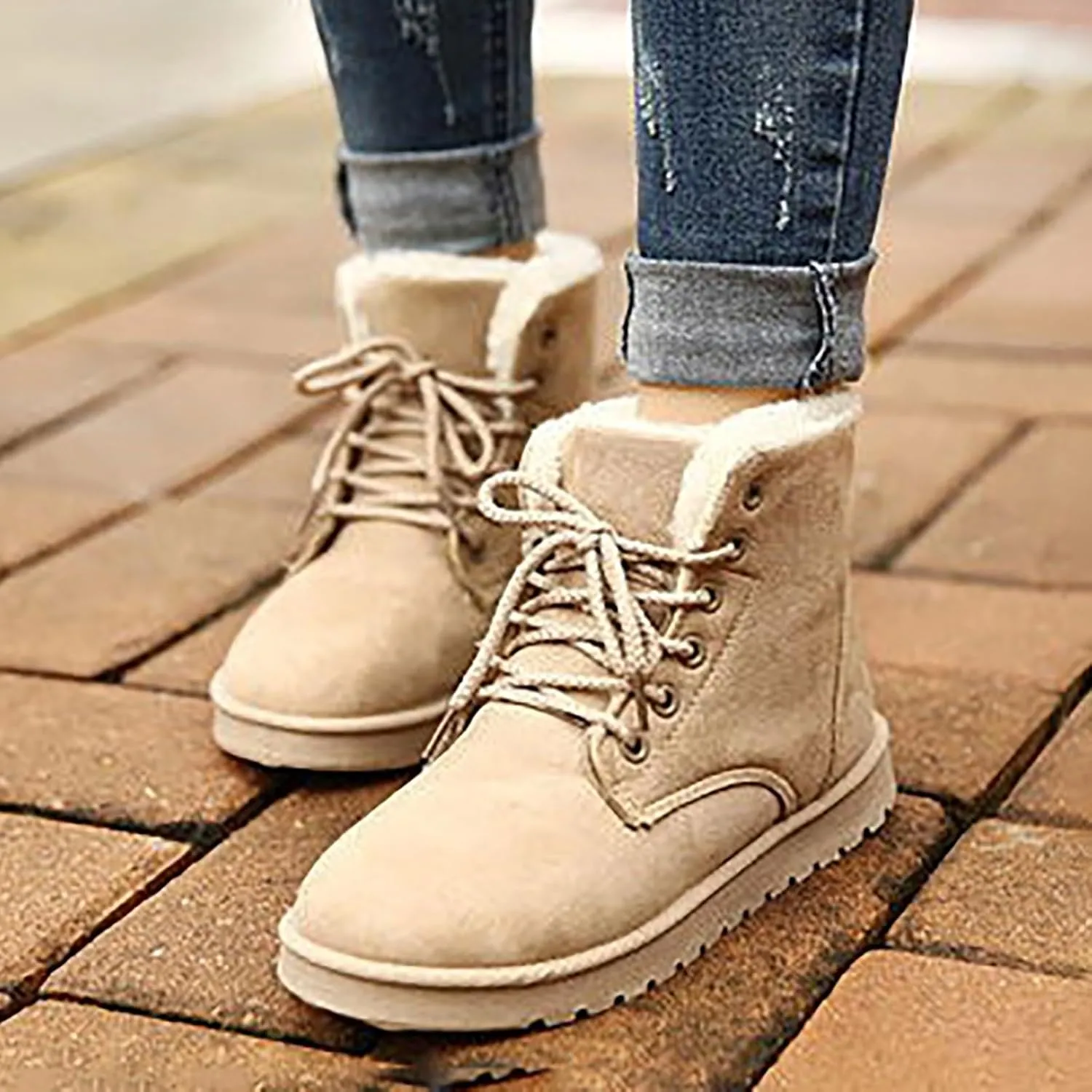 Women's Ankle Leather Boots Fleece Lined Warm Snow Boots Lace Up Flat Soled Boots Insulated Snow Boots