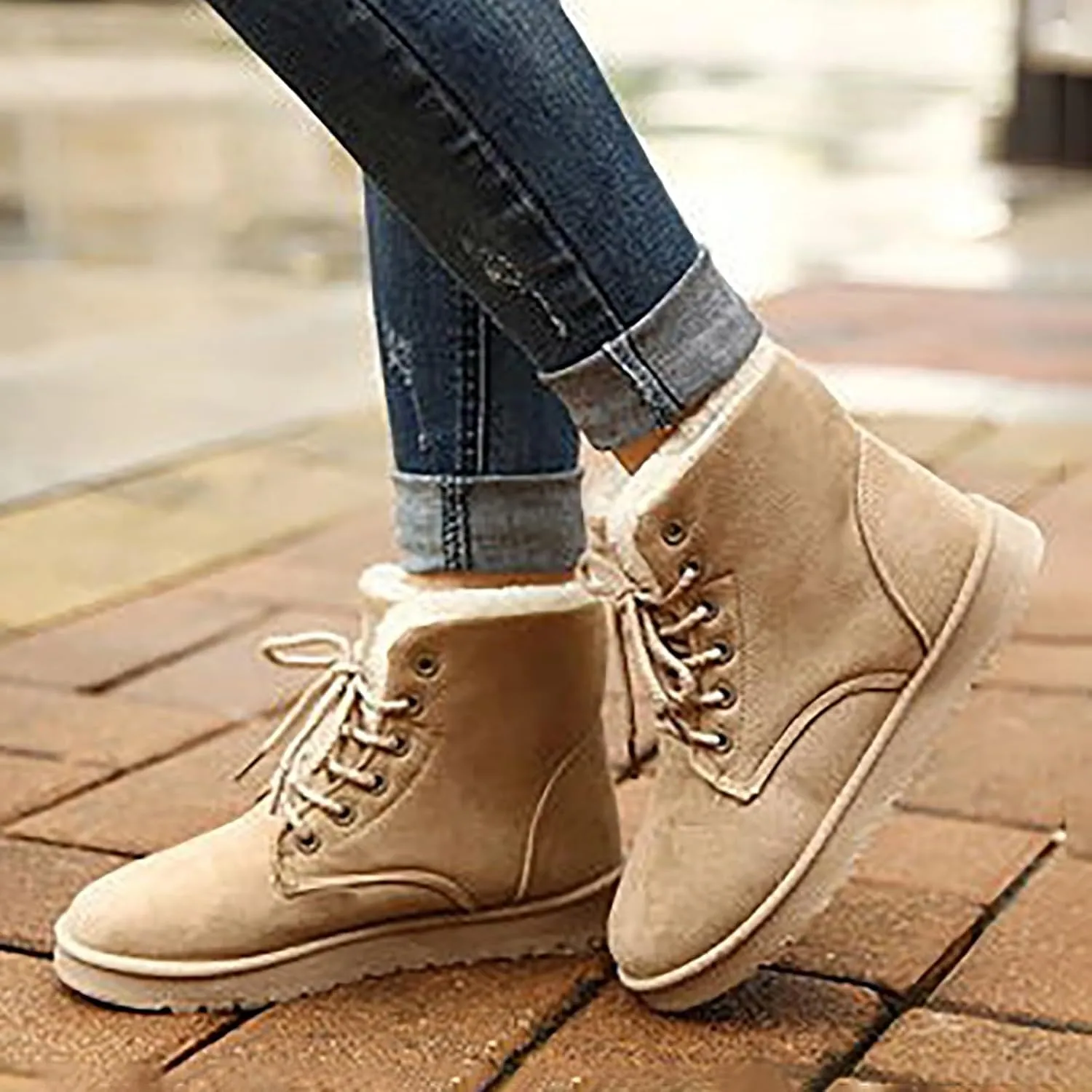 Women's Ankle Leather Boots Fleece Lined Warm Snow Boots Lace Up Flat Soled Boots Insulated Snow Boots