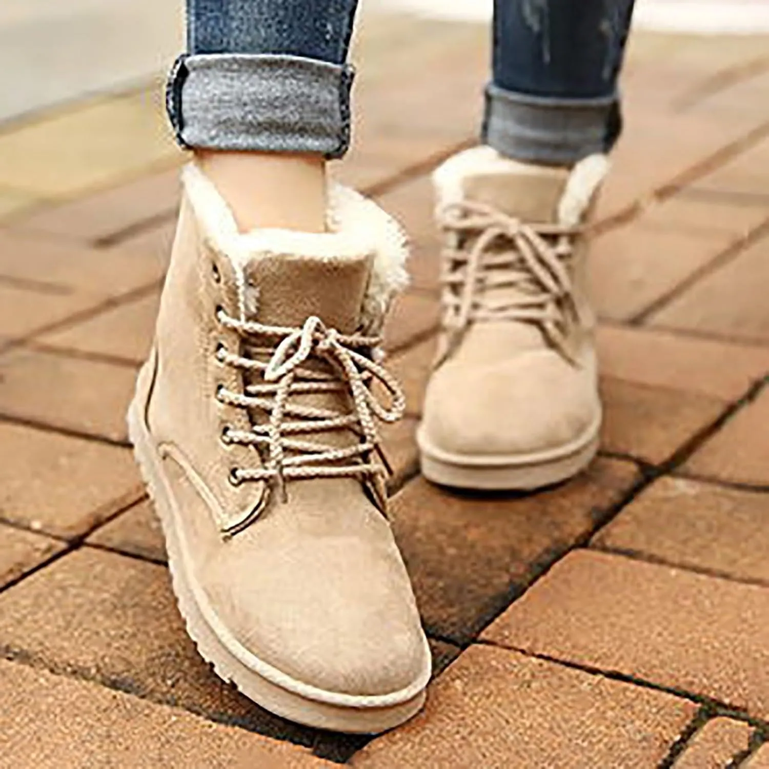 Women's Ankle Leather Boots Fleece Lined Warm Snow Boots Lace Up Flat Soled Boots Insulated Snow Boots