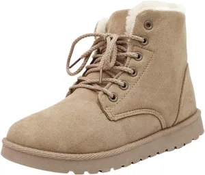 Women's Ankle Leather Boots Fleece Lined Warm Snow Boots Lace Up Flat Soled Boots Insulated Snow Boots