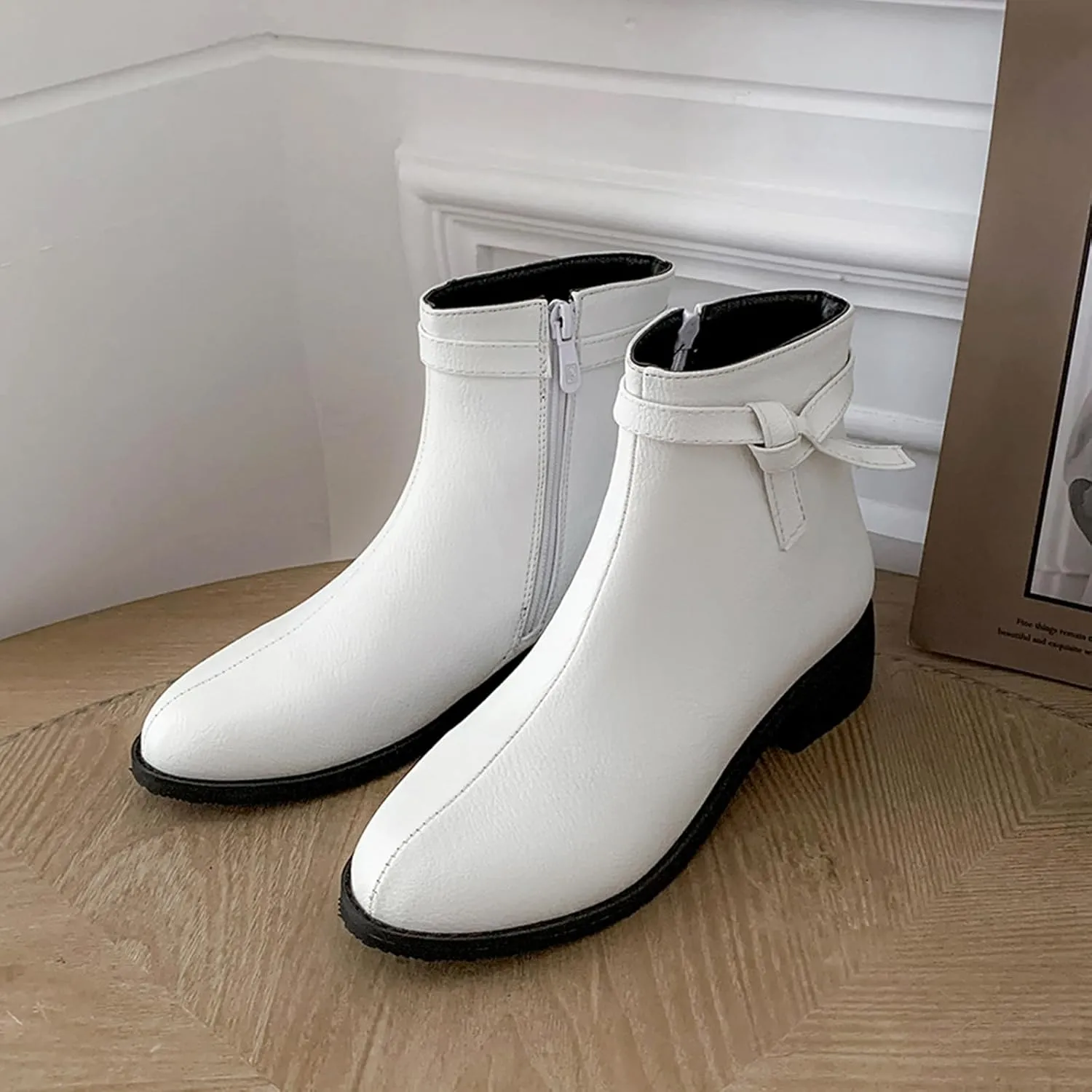 Women's Casual Booties Low Heel Ankle Boots with Side Zipper