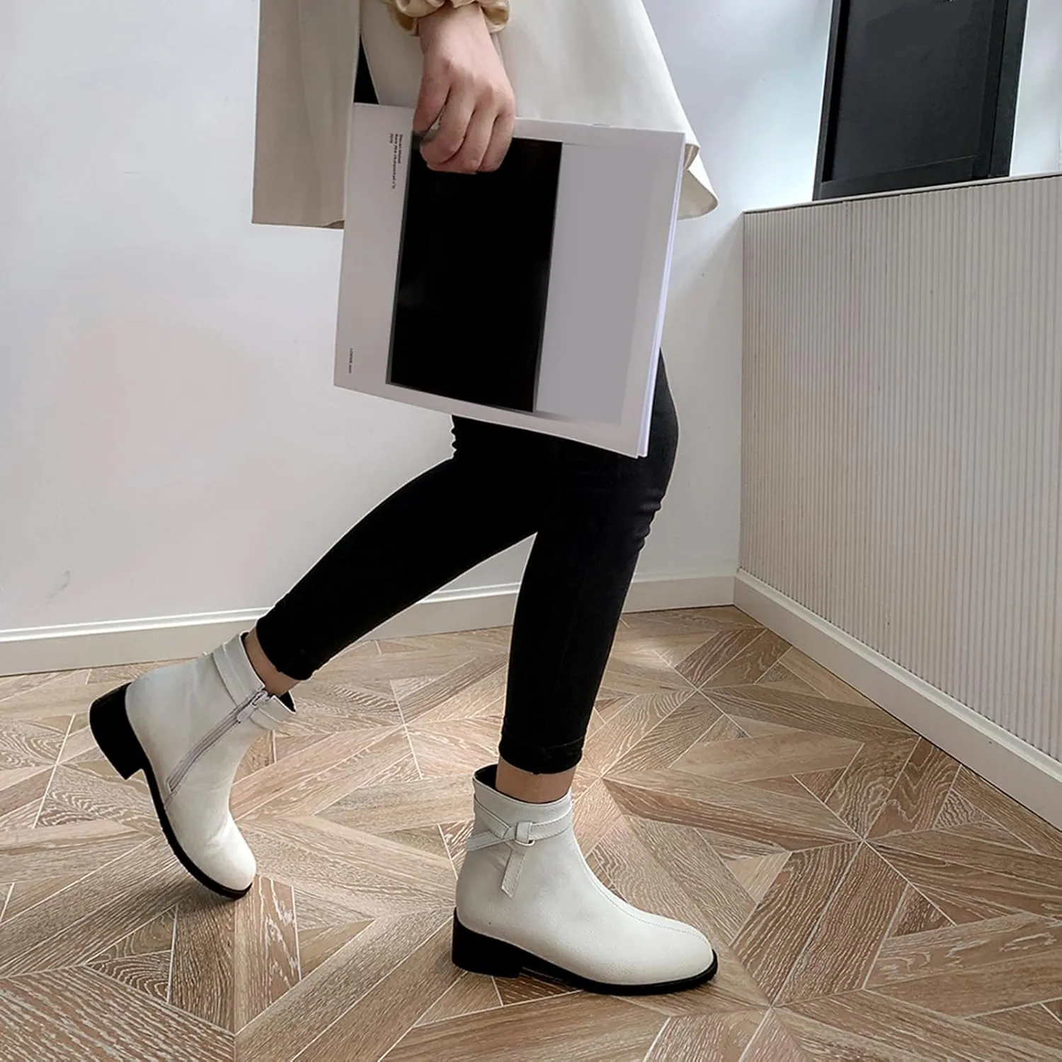 Women's Casual Booties Low Heel Ankle Boots with Side Zipper