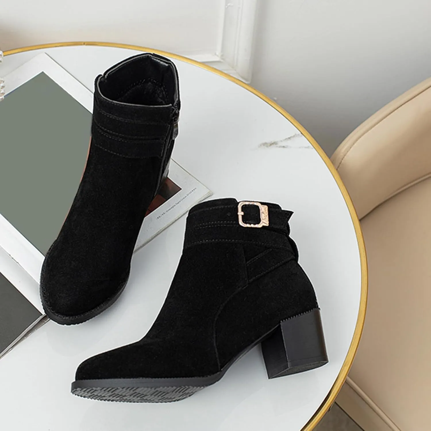 Women's Chunky Heel Ankle Boots Side Zipper Booties