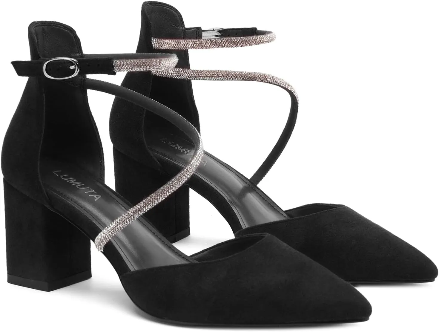 Women's Chunky Heels Pump Shoes Rhinestone Ankle Strap Pointed Toe Pumps Summer Sexy Comfortable High Heels Wedding Party Dress Work Block Heel Shoes
