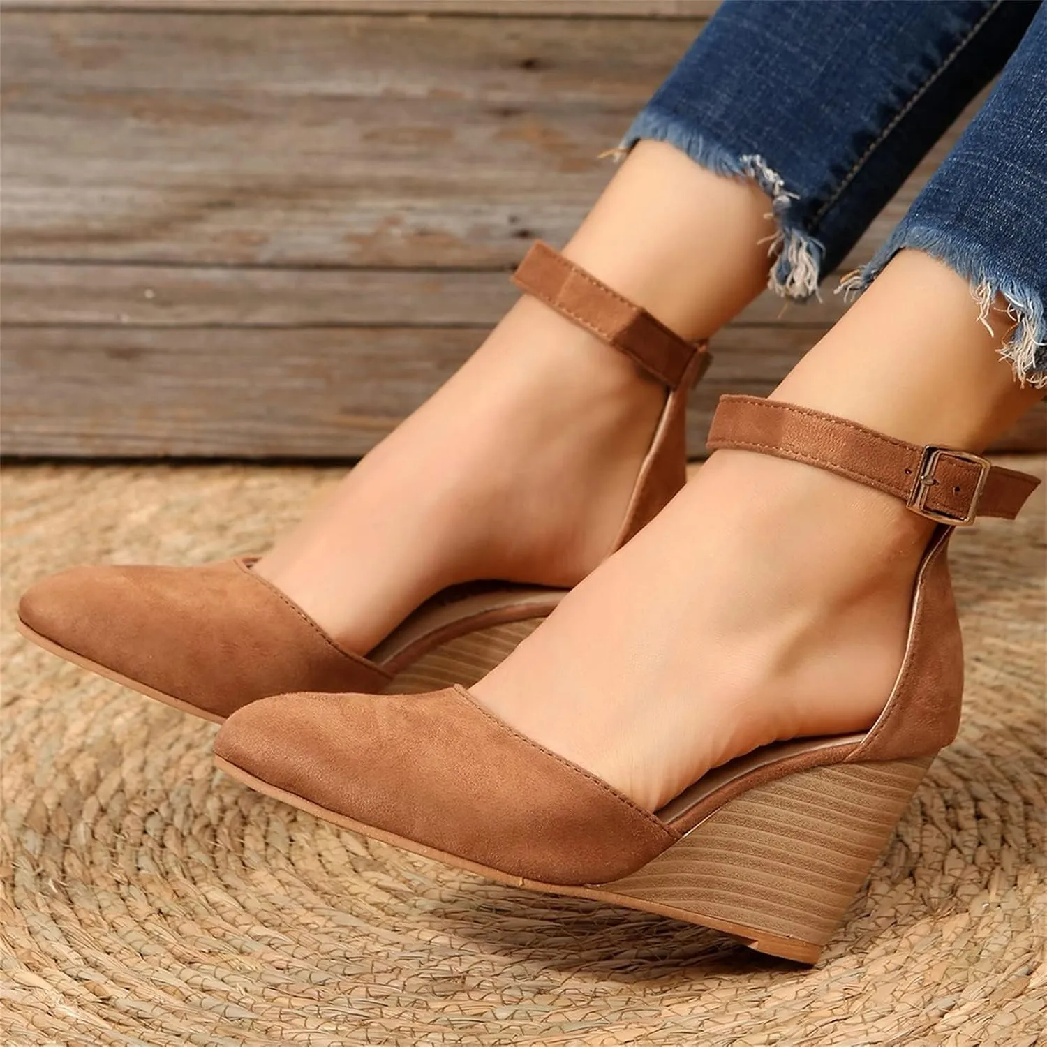 Womens Closed Toe Sandals Buckle Ankle Strap High Chunky Heels Sandals Closed Toe Espadrilles Wedge Shoes Platform
