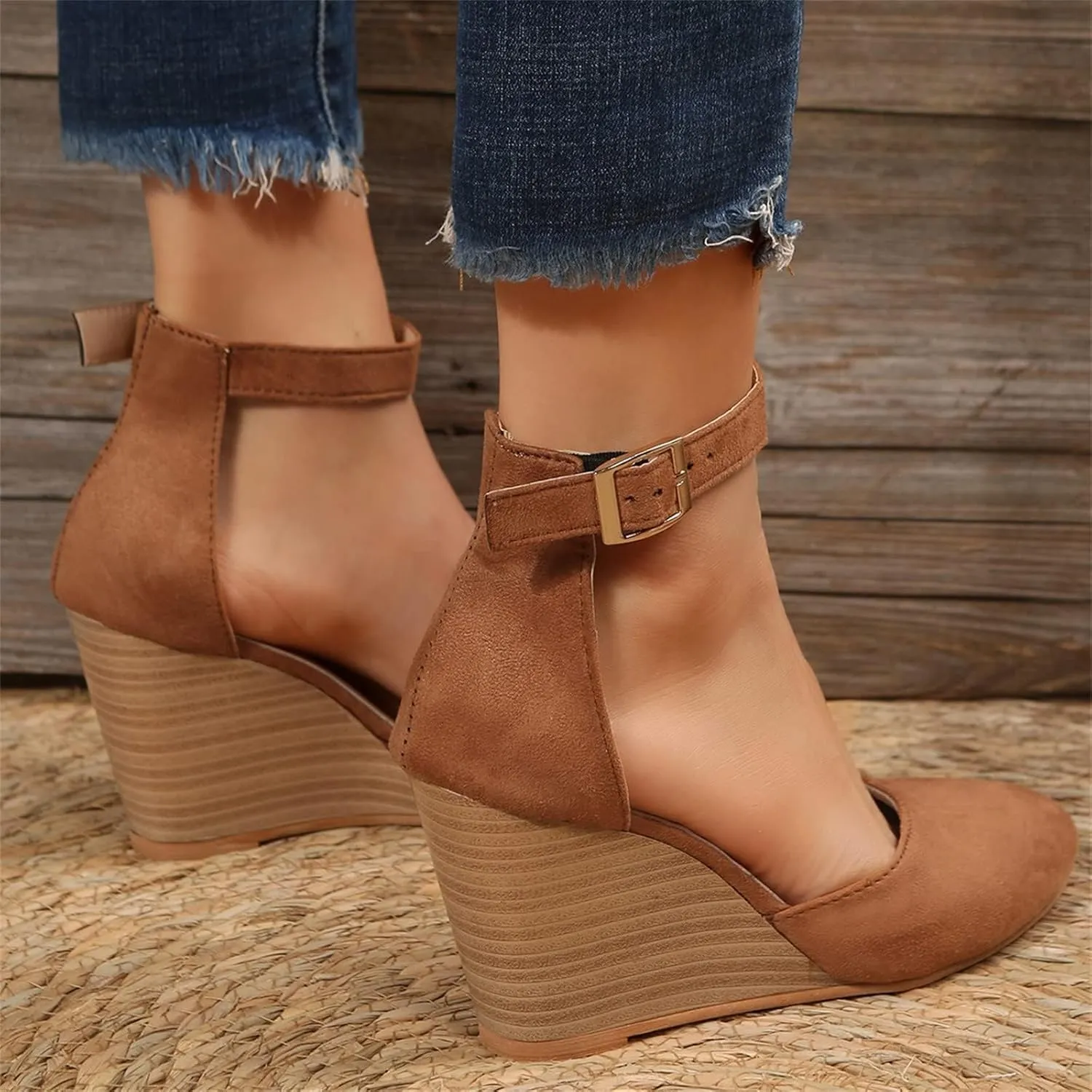 Womens Closed Toe Sandals Buckle Ankle Strap High Chunky Heels Sandals Closed Toe Espadrilles Wedge Shoes Platform
