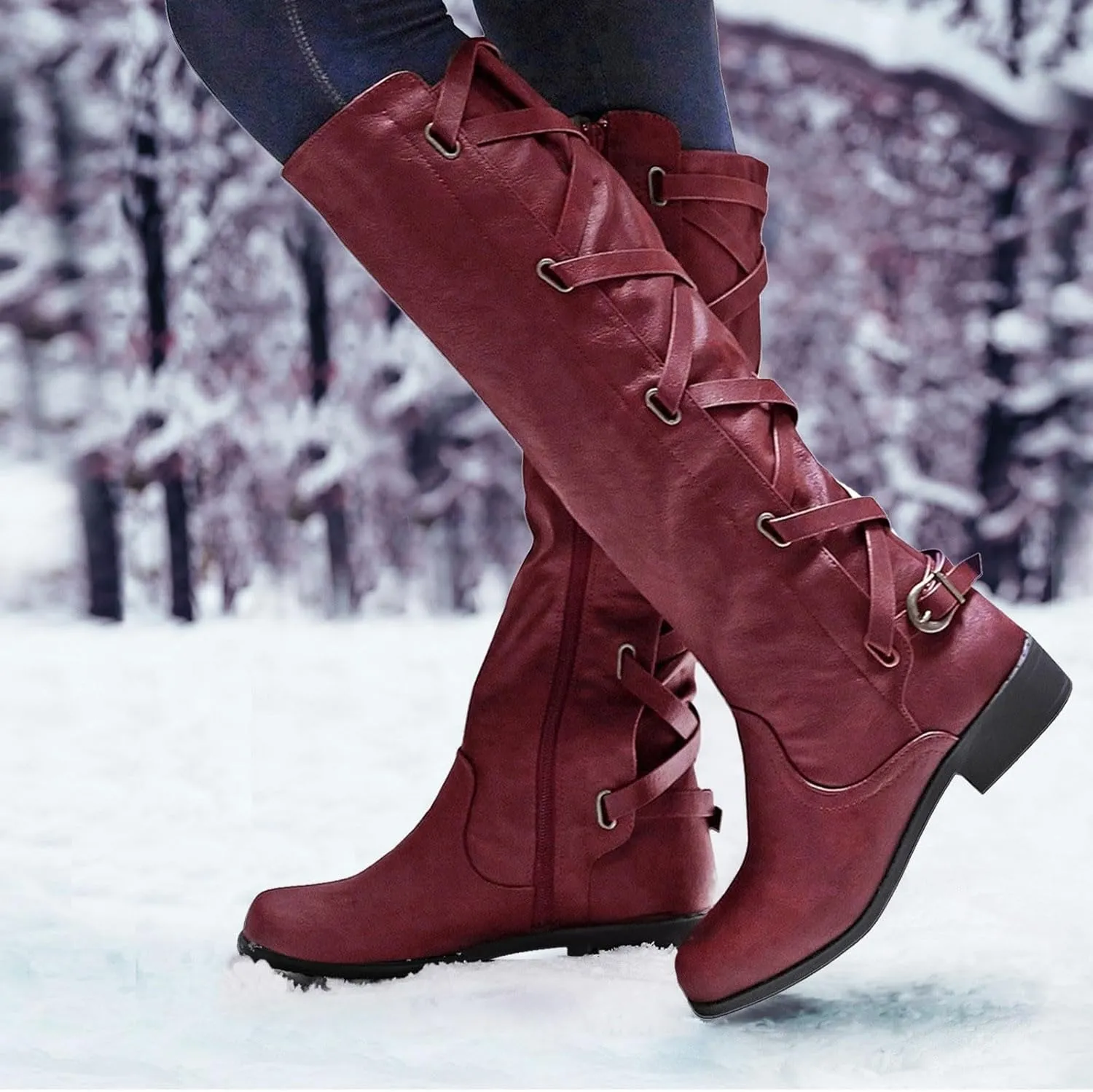 Women's Cold Proof Boots Long Leg Fashionable Warm Snow Boots Comfort Solid Color Leather Boots for Women