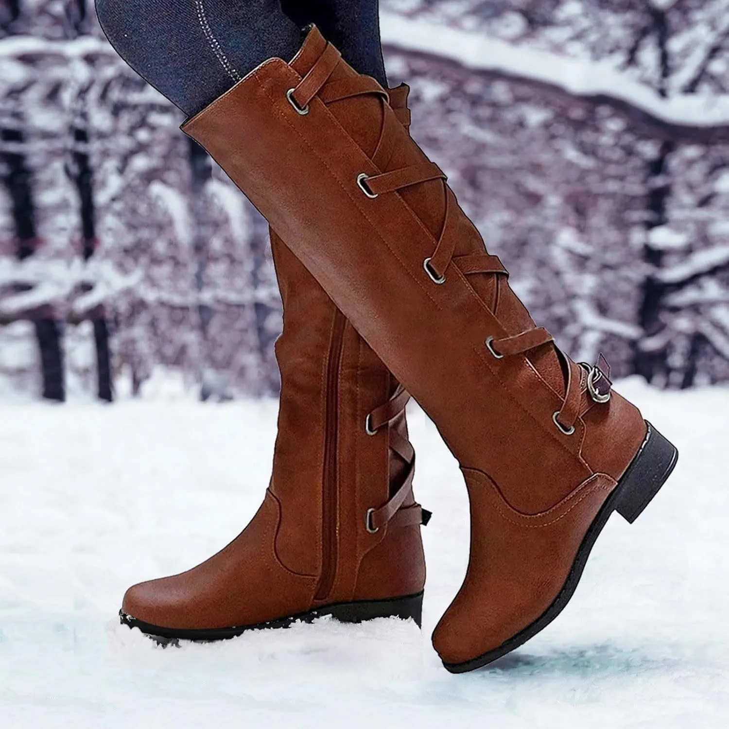 Women's Cold Proof Boots Long Leg Fashionable Warm Snow Boots Comfort Solid Color Leather Boots for Women