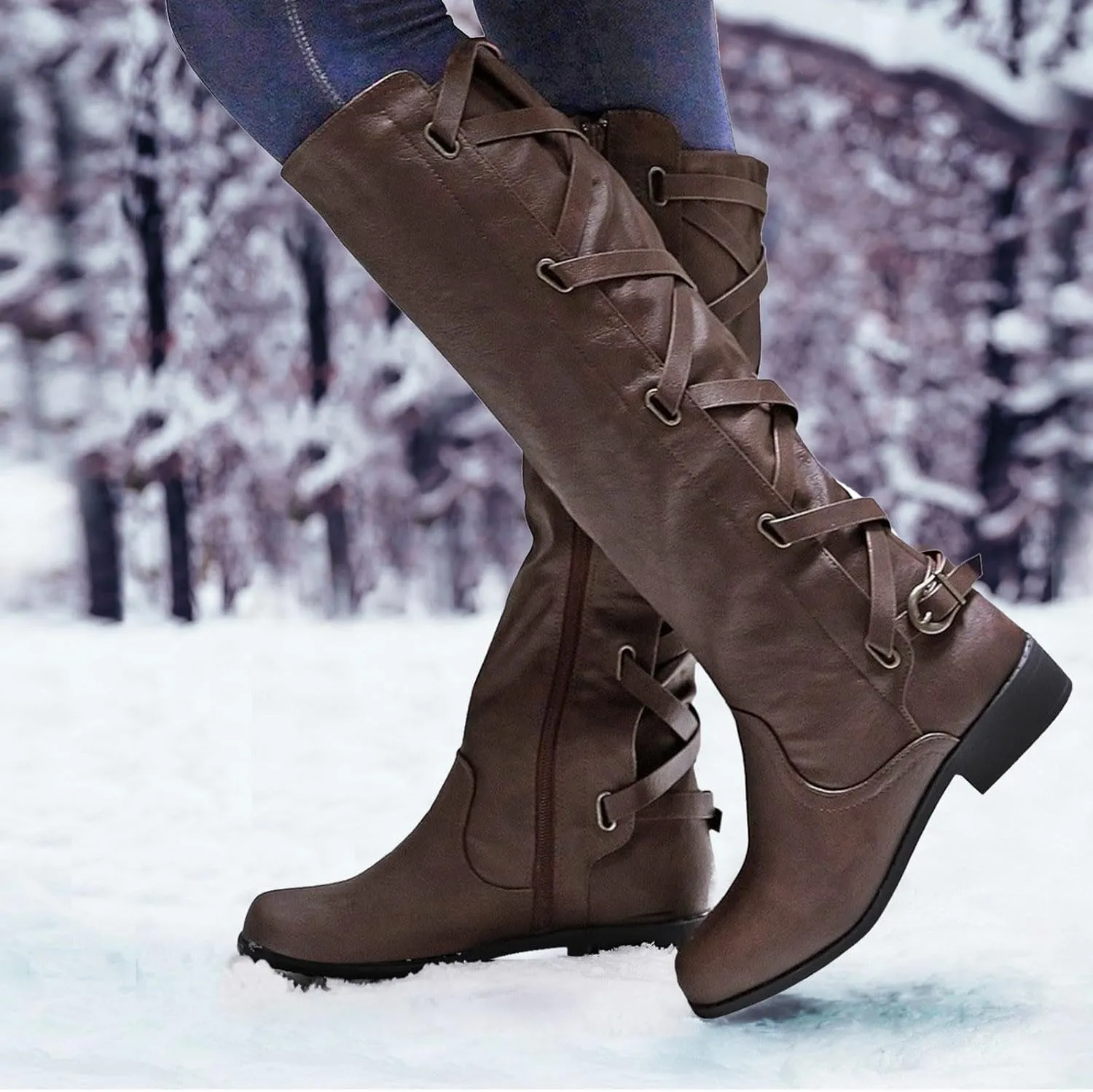 Women's Cold Proof Boots Long Leg Fashionable Warm Snow Boots Comfort Solid Color Leather Boots for Women