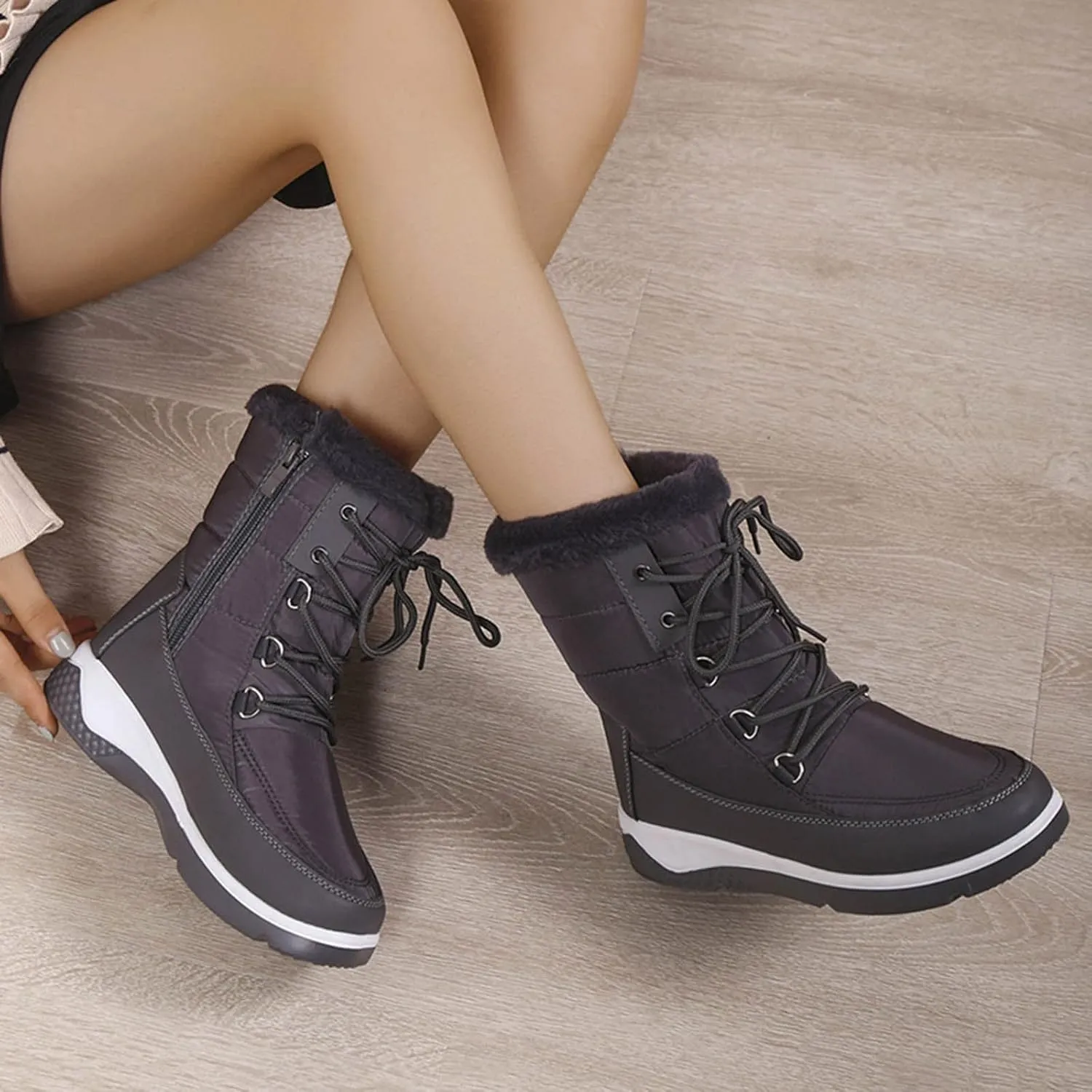 Women's Cold Proof Snow Boots Thick Bottom Non Slip Mid Calf Boots Plus Velvet Warm Lace Up Snow Boots