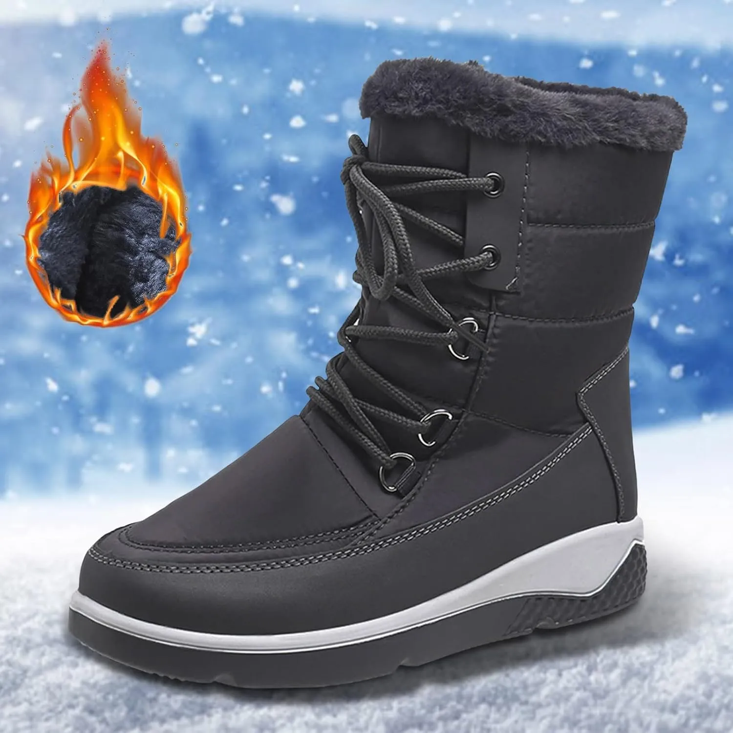 Women's Cold Proof Snow Boots Thick Bottom Non Slip Mid Calf Boots Plus Velvet Warm Lace Up Snow Boots