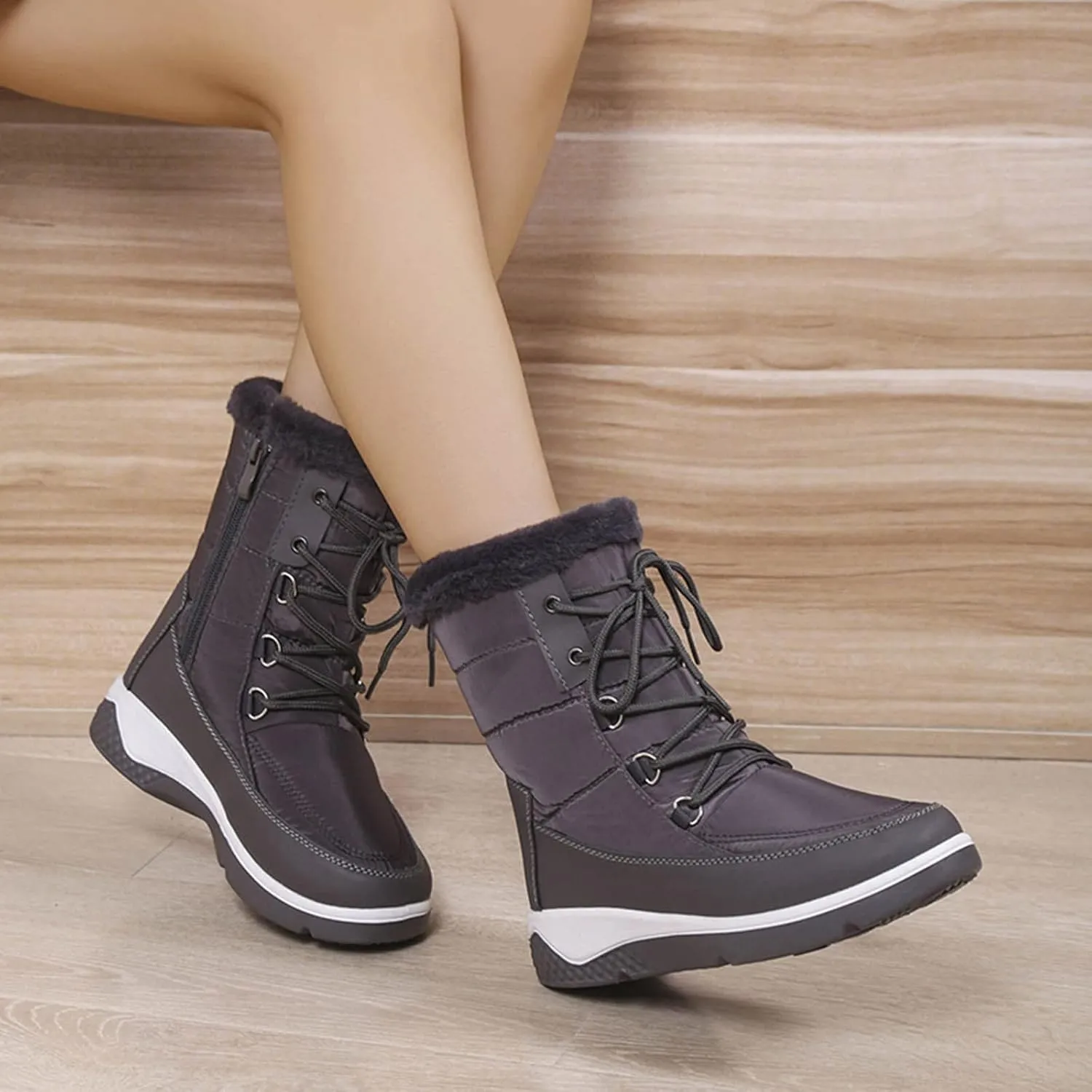 Women's Cold Proof Snow Boots Thick Bottom Non Slip Mid Calf Boots Plus Velvet Warm Lace Up Snow Boots