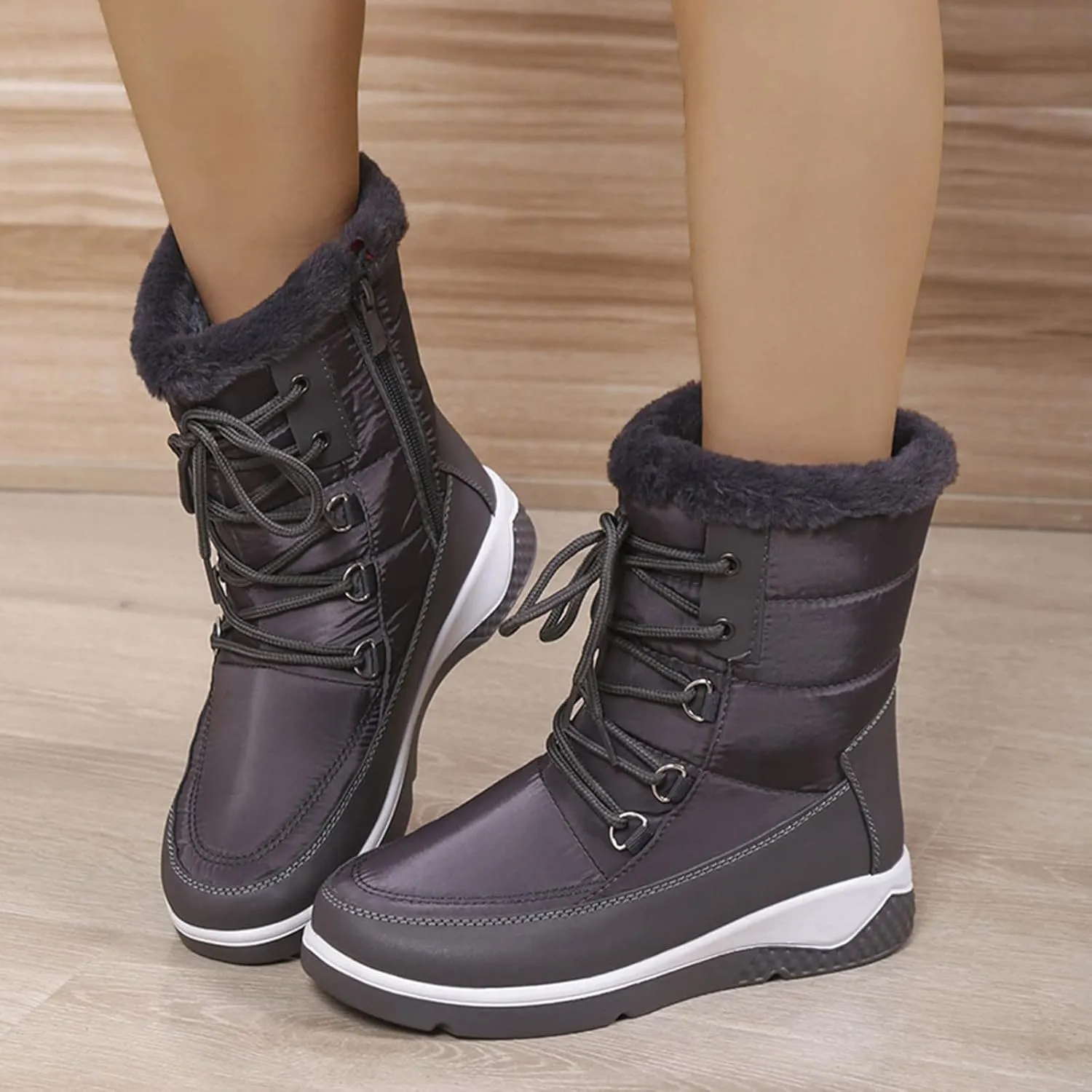 Women's Cold Proof Snow Boots Thick Bottom Non Slip Mid Calf Boots Plus Velvet Warm Lace Up Snow Boots