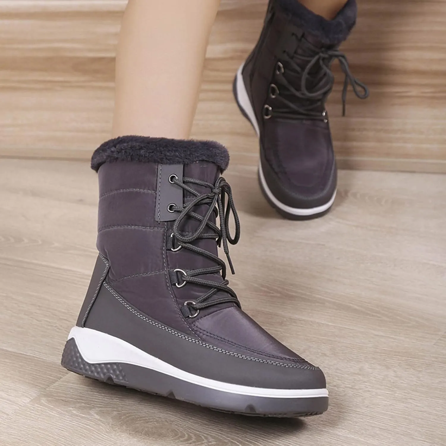 Women's Cold Proof Snow Boots Thick Bottom Non Slip Mid Calf Boots Plus Velvet Warm Lace Up Snow Boots