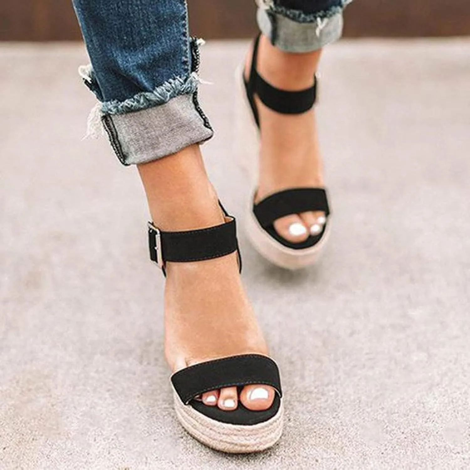 Womens Espadrille Wedge Sandals Open Toe Buckle Ankle Strap Platform Wedge Sandals Summer Beach Shoes