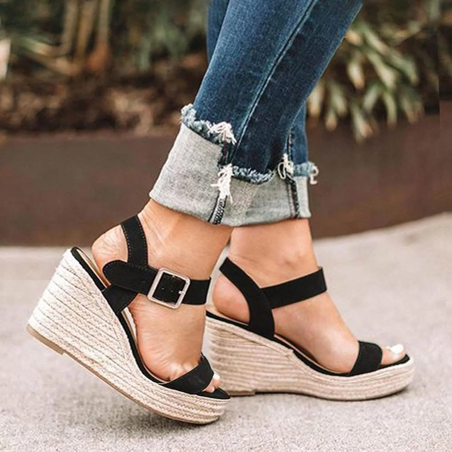 Womens Espadrille Wedge Sandals Open Toe Buckle Ankle Strap Platform Wedge Sandals Summer Beach Shoes