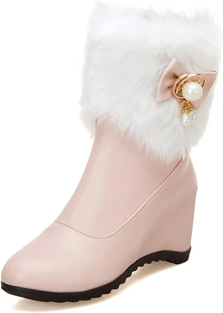 Women's Fashion Perlend Decoration Ankle Boots with Wedge Heel Student Sweet Slip Boots Lined Plush Snow Bow Winter Comfort Non-Slip Warm PU Leather Shoes