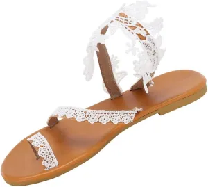 Women's Floral Lace Flat Sandals Clip Toe Strappy Flip Flops Summer Boho Casual Elegant Beach Wedding Dressy Sandals
