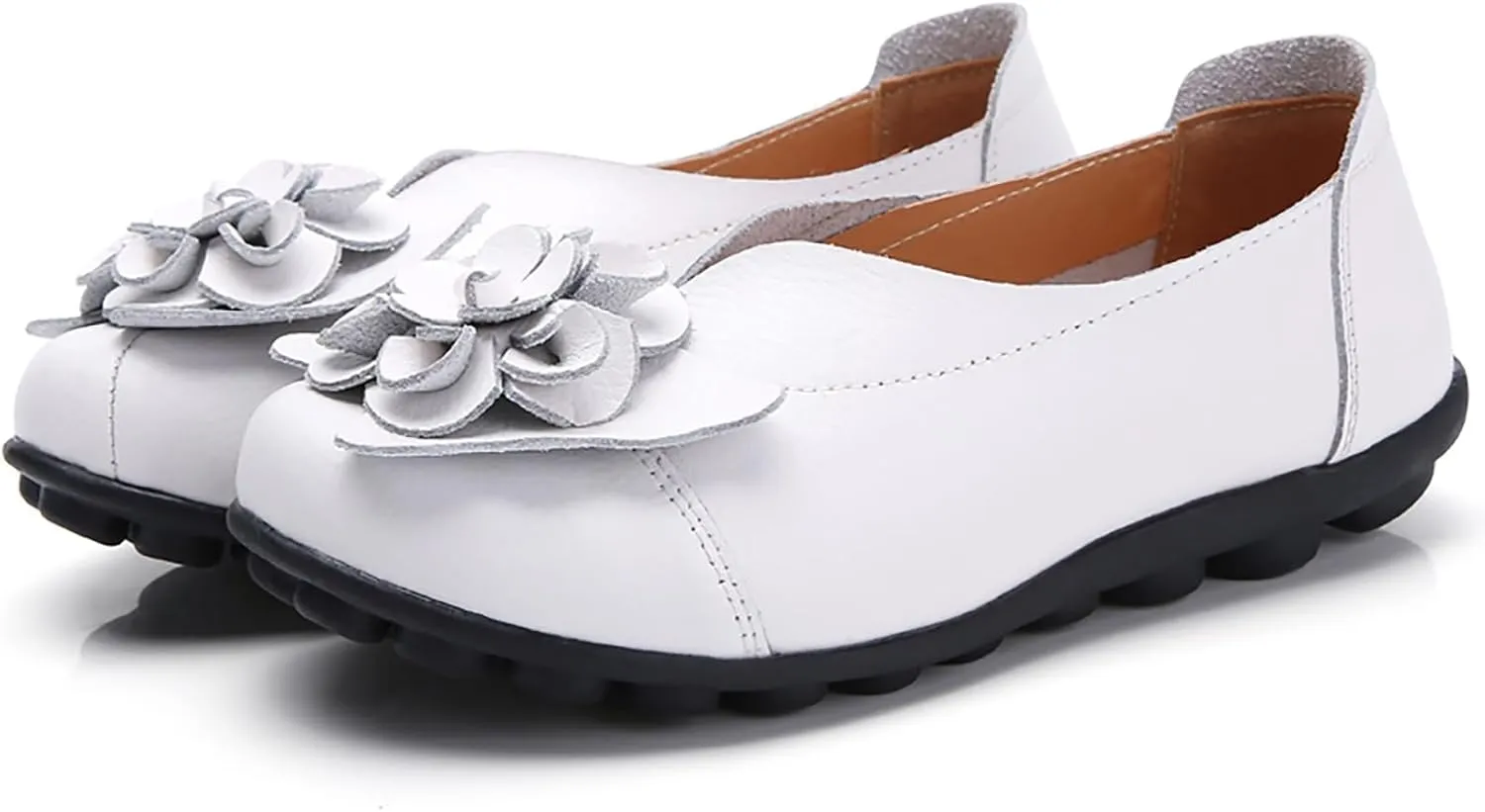Womens Genuine Leather Loafers Wide Width Slip on Casual Round Toe Moccasins Driving Flats Lightweight Mom Nurse Walking Shoes