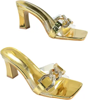 Women's Golden Metallic Mule High-Heel Sandals | Square-Toe Rhinestone Buckle PVC Pumps | Thick Heel Banquet Party Shoes | 2025 Trendy Glamorous Heels