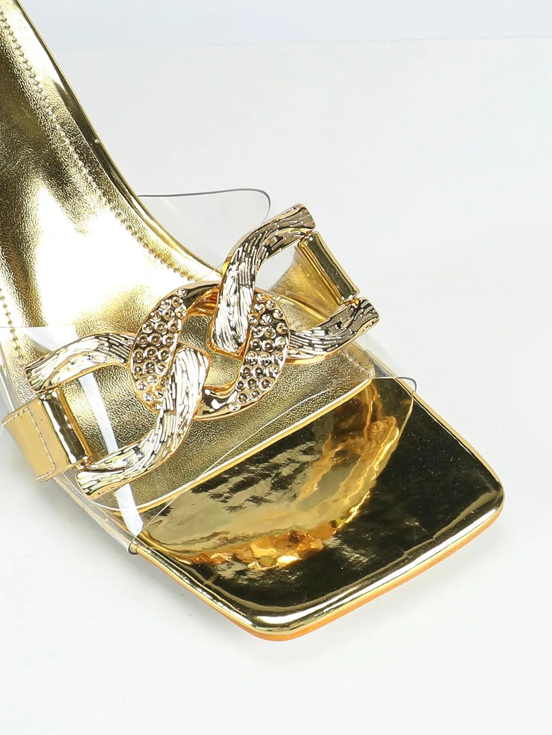 Women's Golden Metallic Mule High-Heel Sandals | Square-Toe Rhinestone Buckle PVC Pumps | Thick Heel Banquet Party Shoes | 2025 Trendy Glamorous Heels