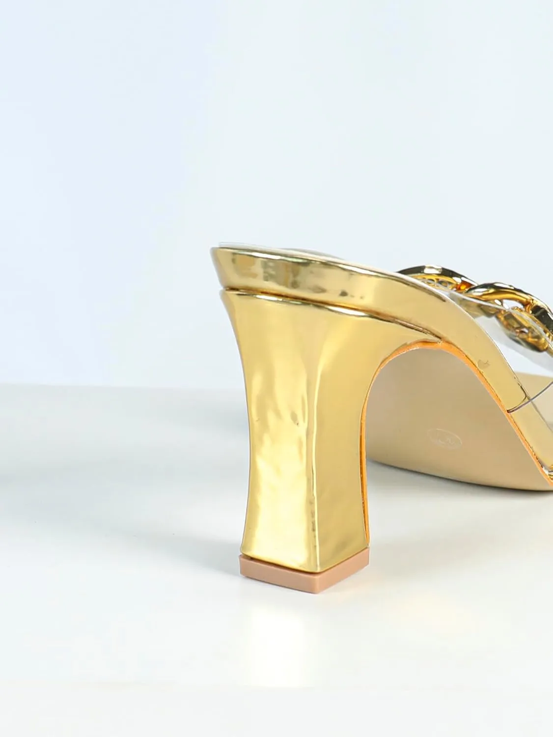Women's Golden Metallic Mule High-Heel Sandals | Square-Toe Rhinestone Buckle PVC Pumps | Thick Heel Banquet Party Shoes | 2025 Trendy Glamorous Heels
